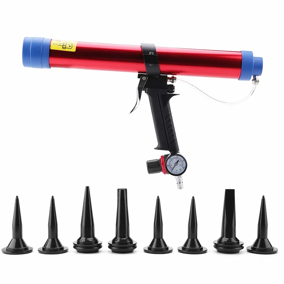 Pistolet do Uszczelniania Sprężonego Powietrza 1/4", 300-600 ml z 8 Głowicami Uszczelniającymi do Kleju i Silikonu, Profesjonalny Narzędzie Uszczelniające