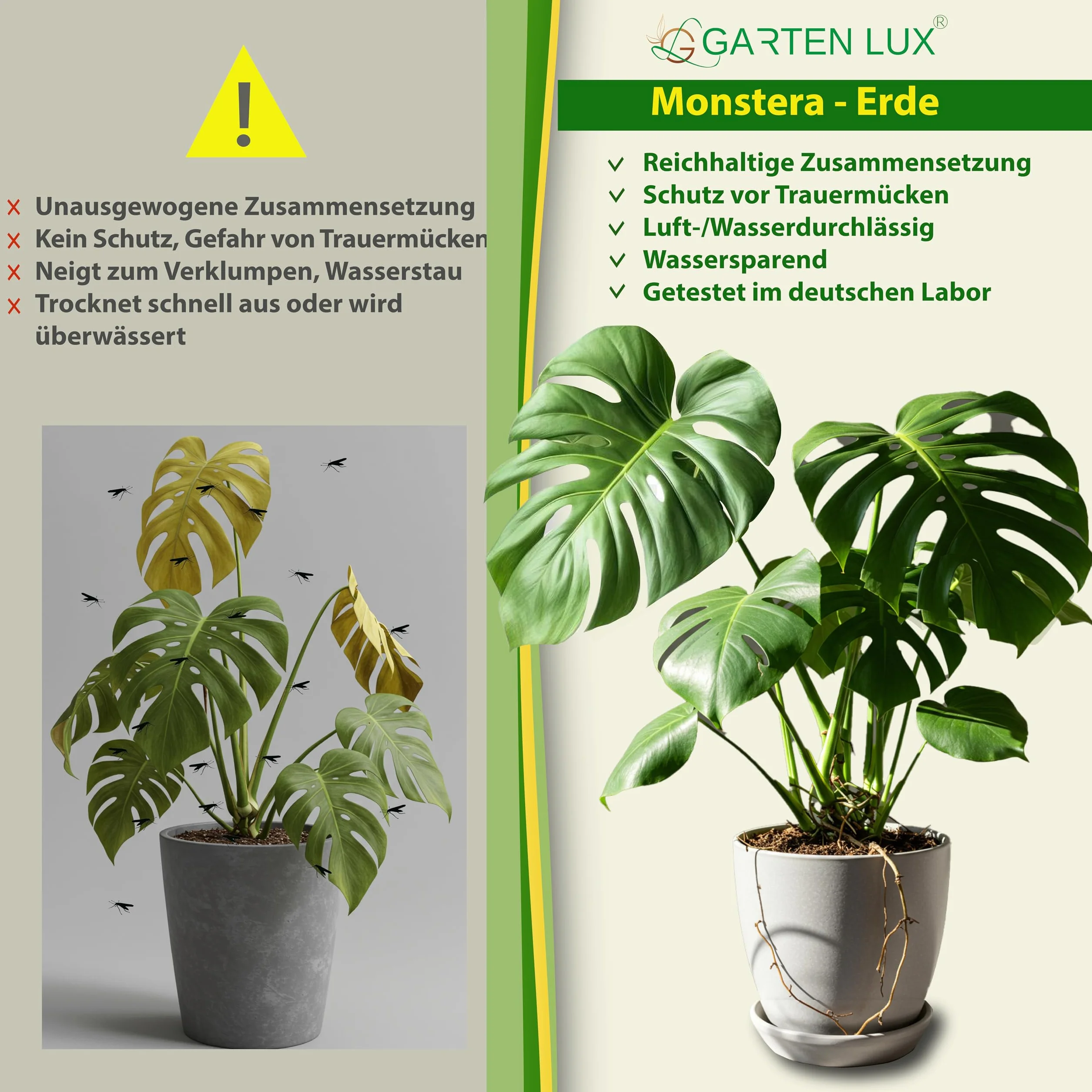 Garten Lux Monstera Terra 4 l bez torfu - 6 w 1 przeciwko komarom żałobnym | aroidalne podłoże | ziemia kokosowa, perlit, kora sosnowa, biohumus, węgiel ogrodowy + tajny kompleks |