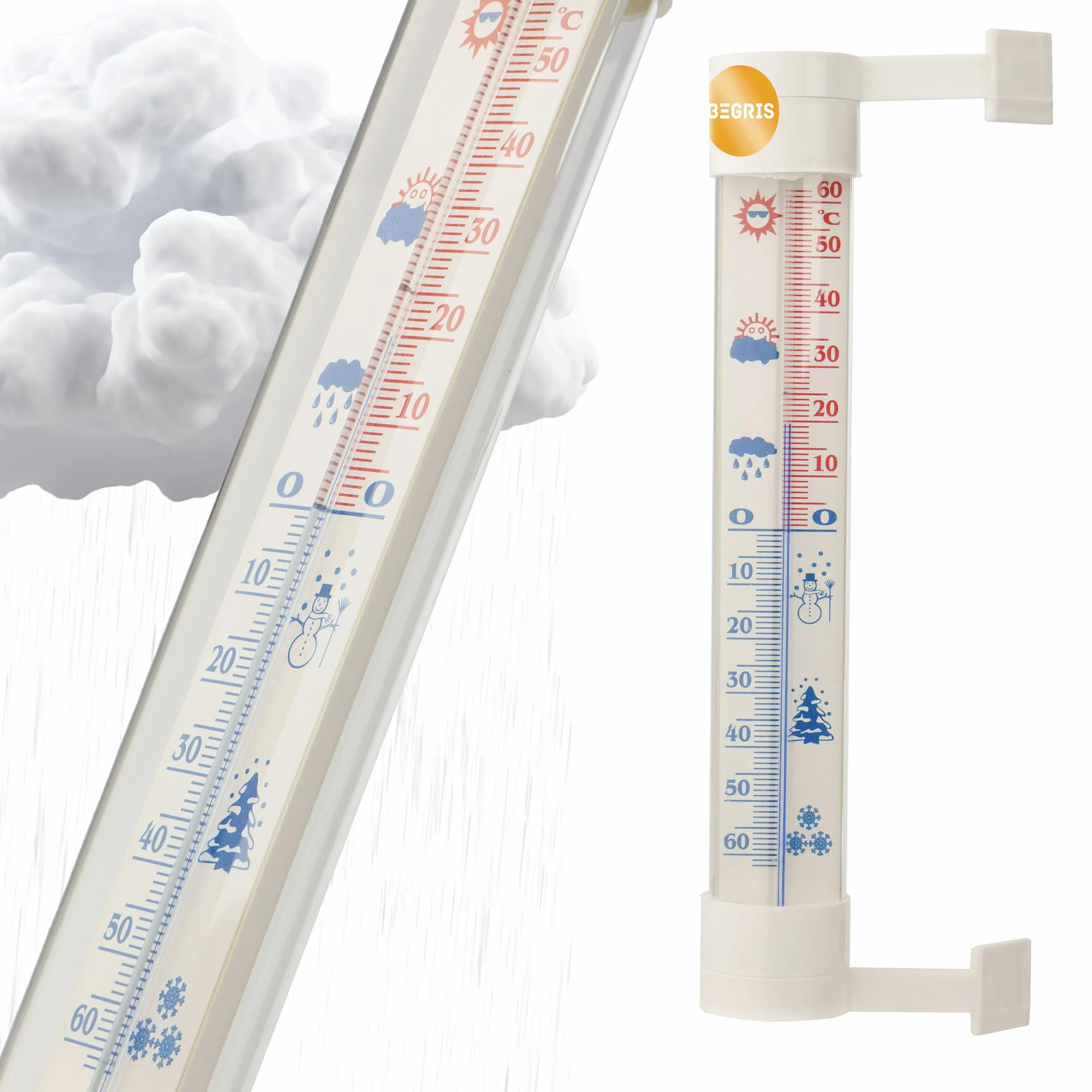 Termometr Zewnętrzny Wewnętrzny Czytelny Termometr Zaokienny za Okno - 50 ... +50 °C, Balkonowy Ogrodowy Duży 26 cm Tworzywo Sztuczne Biały