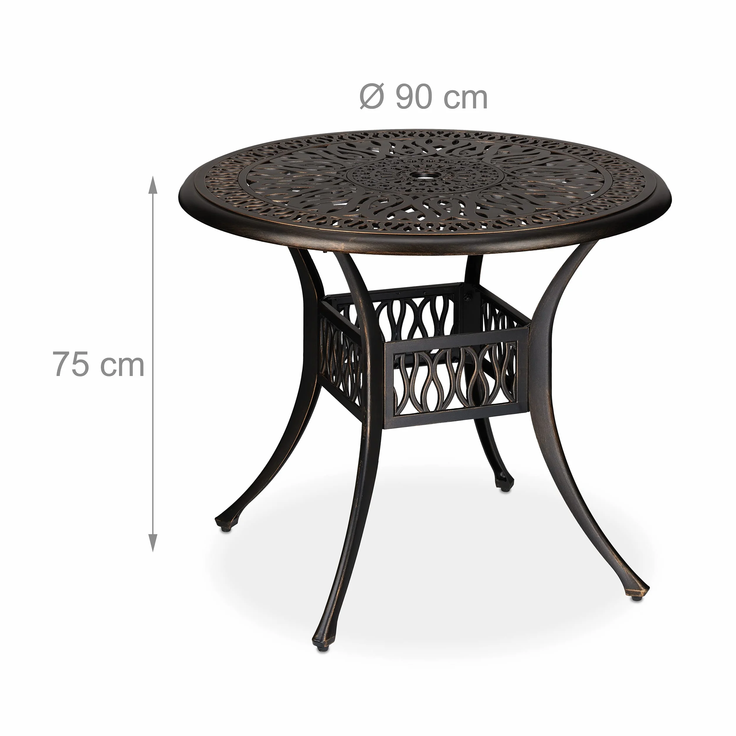 Relaxdays Stół ogrodowy z otworem na parasol, antyczny wygląd, odlew aluminiowy, wys. x śr.: 75 x 90 cm, okrągły stół balkonowy, czarny/brąz