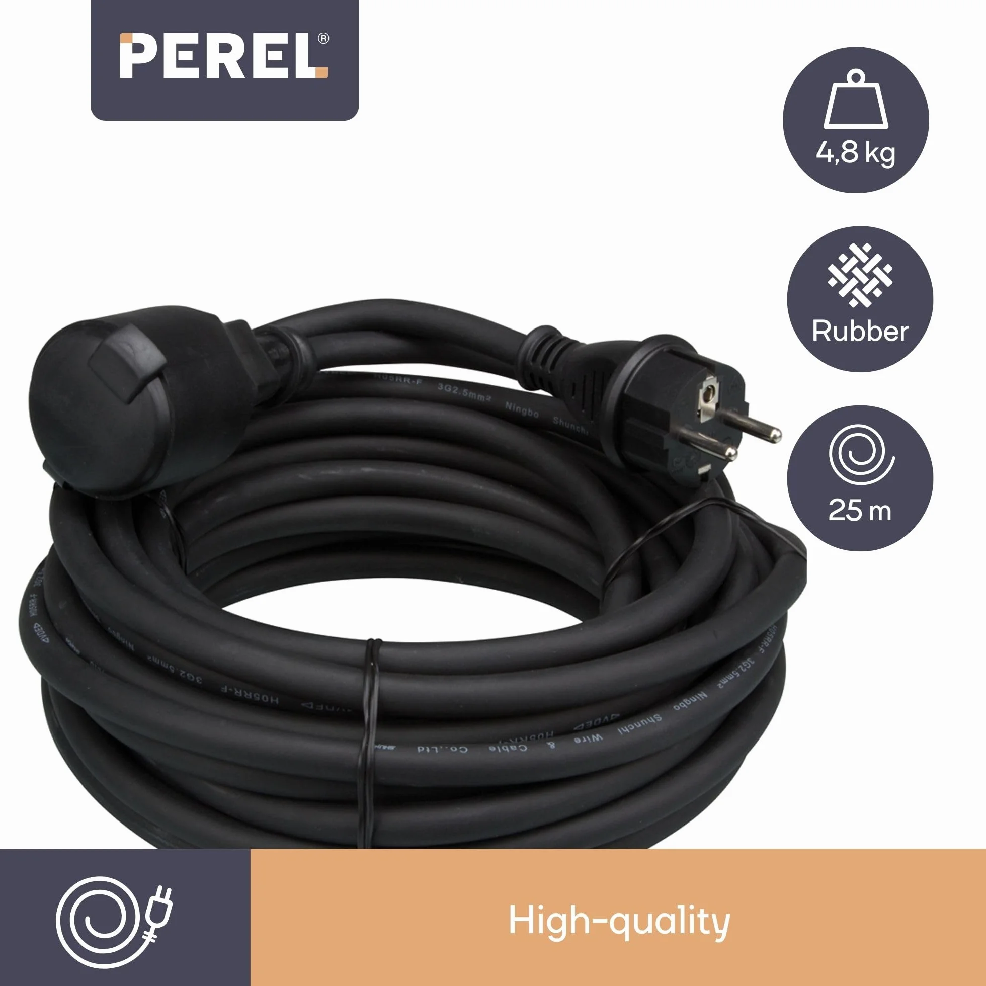 Perel EC25R25 gumowy kabel przedłużający, 3G2,5, długość 25 m, czarny 168890