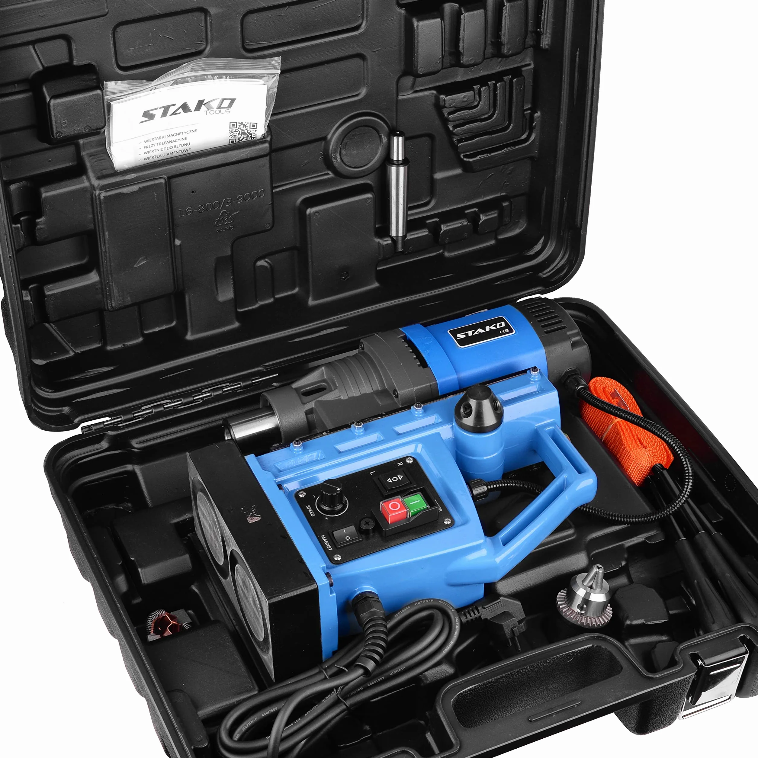 STAKO Wiertarka Magnetyczna SCY-2800RE – 2050 W – Ø 80 mm – Siła Magnetyczna 17000 N – 17 kg – Wrzeciono MT3 – Przenośna Magnesówka do Obróbki Metalu i Gwintowania – Zestaw 2