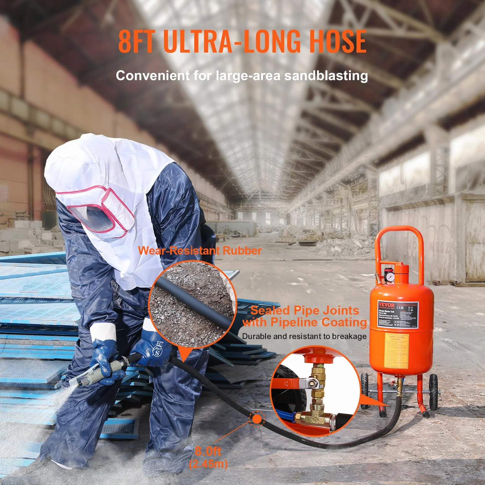 VEVOR Przenośna piaskarka 18,92 l, piaskarka 243,84 cm, wąż roboczy, piaskarka, ciśnienie robocze 60-110 psi, idealne do usuwania rdzy, farby, plam i polerowania dużych powierzchni