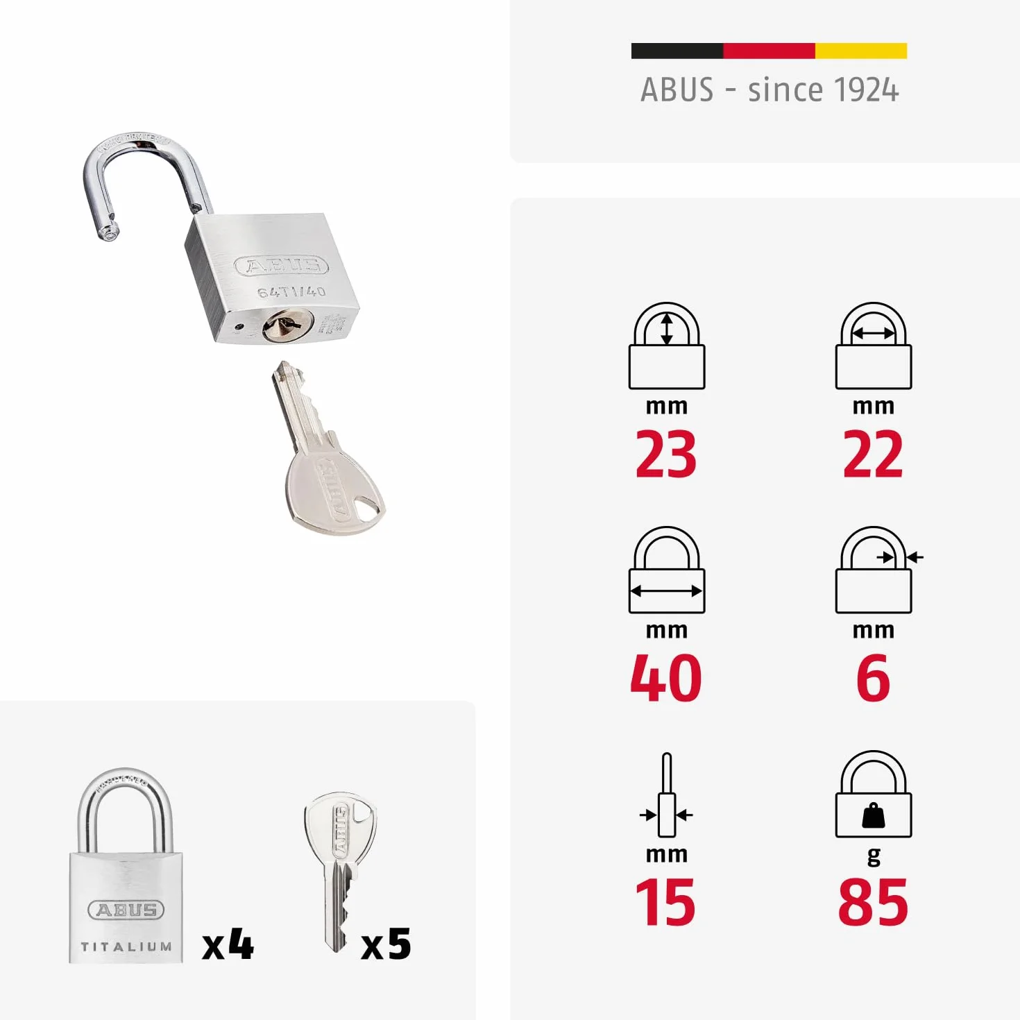 ABUS Kłódka Titalium 64TI/40 - zestaw 4 sztuk, równocześnie zamykająca - zamek do piwnicy z korpusem zamka ze specjalnego aluminium - hartowany stalowy pałąk - poziom bezpieczeństwa ABS 5