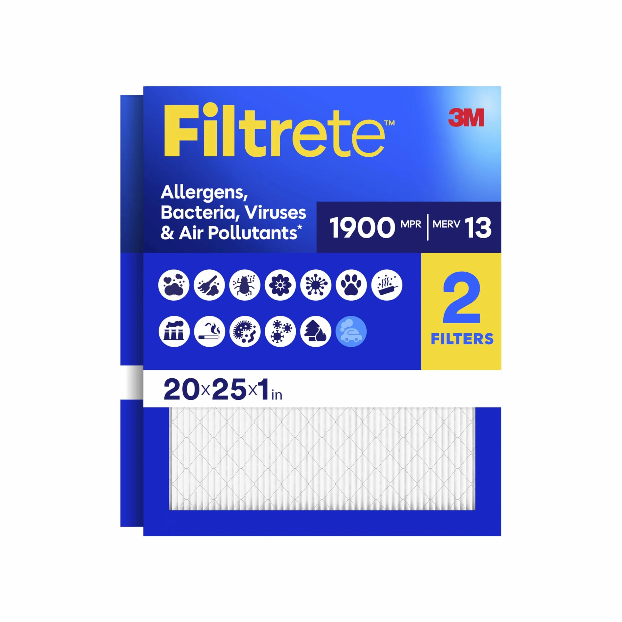 Filtrete 20 x 25 x 1 filtr powietrza do pieca AC, MERV 13, MPR 1900, filtr premium dla alergików, bakterii i wirusów, 3-miesięczny plisowany 1-calowy elektrostatyczny filtr do czyszczenia powietrza, 2