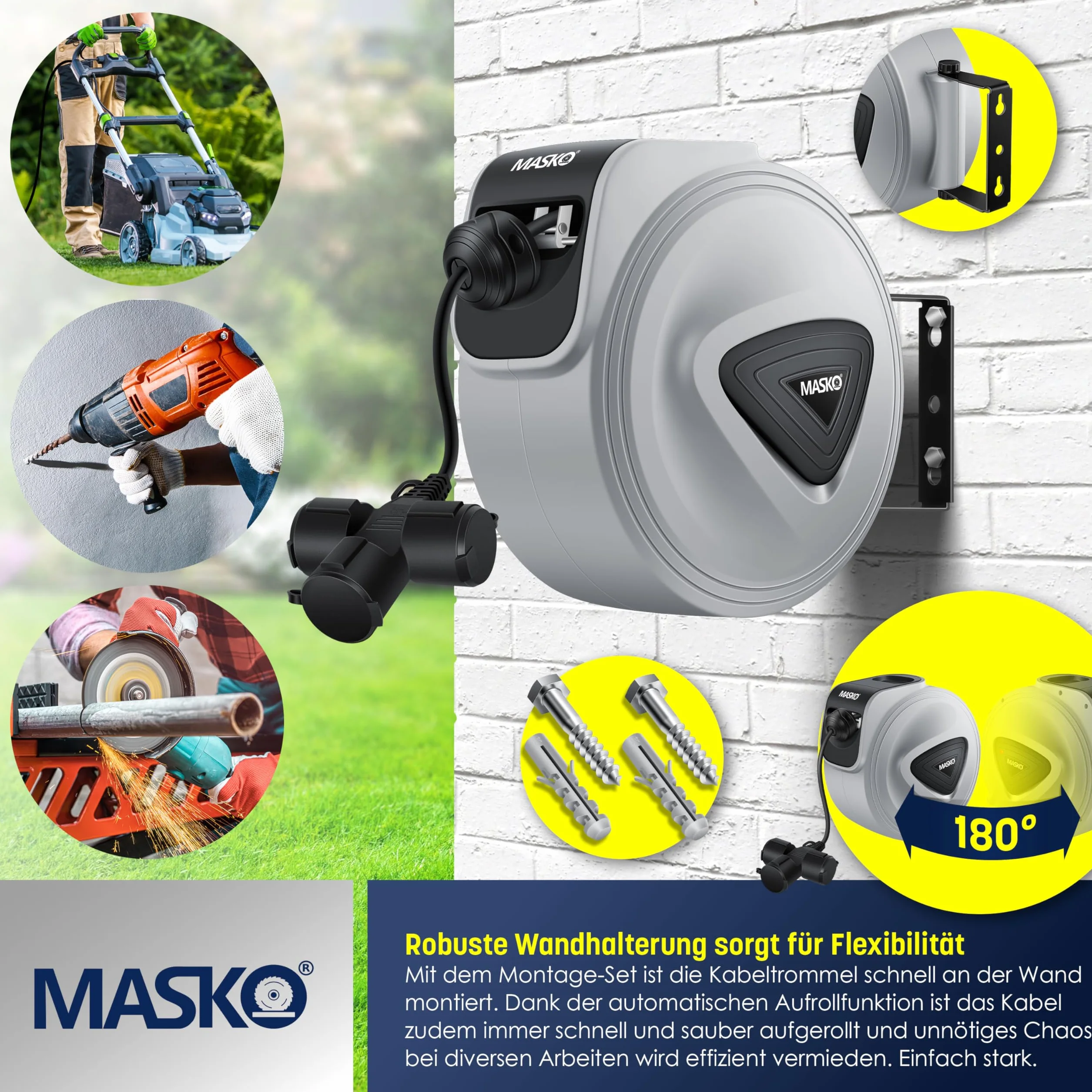 MASKO® Automatyczny bęben kablowy, przedłużacz 20 m, 3-krotne podłączenie, obracany o 180°, przewód doprowadzający, uchwyt ścienny, warsztat, zwijacz kabli, automatyczny bęben prądowy, szary / czarny