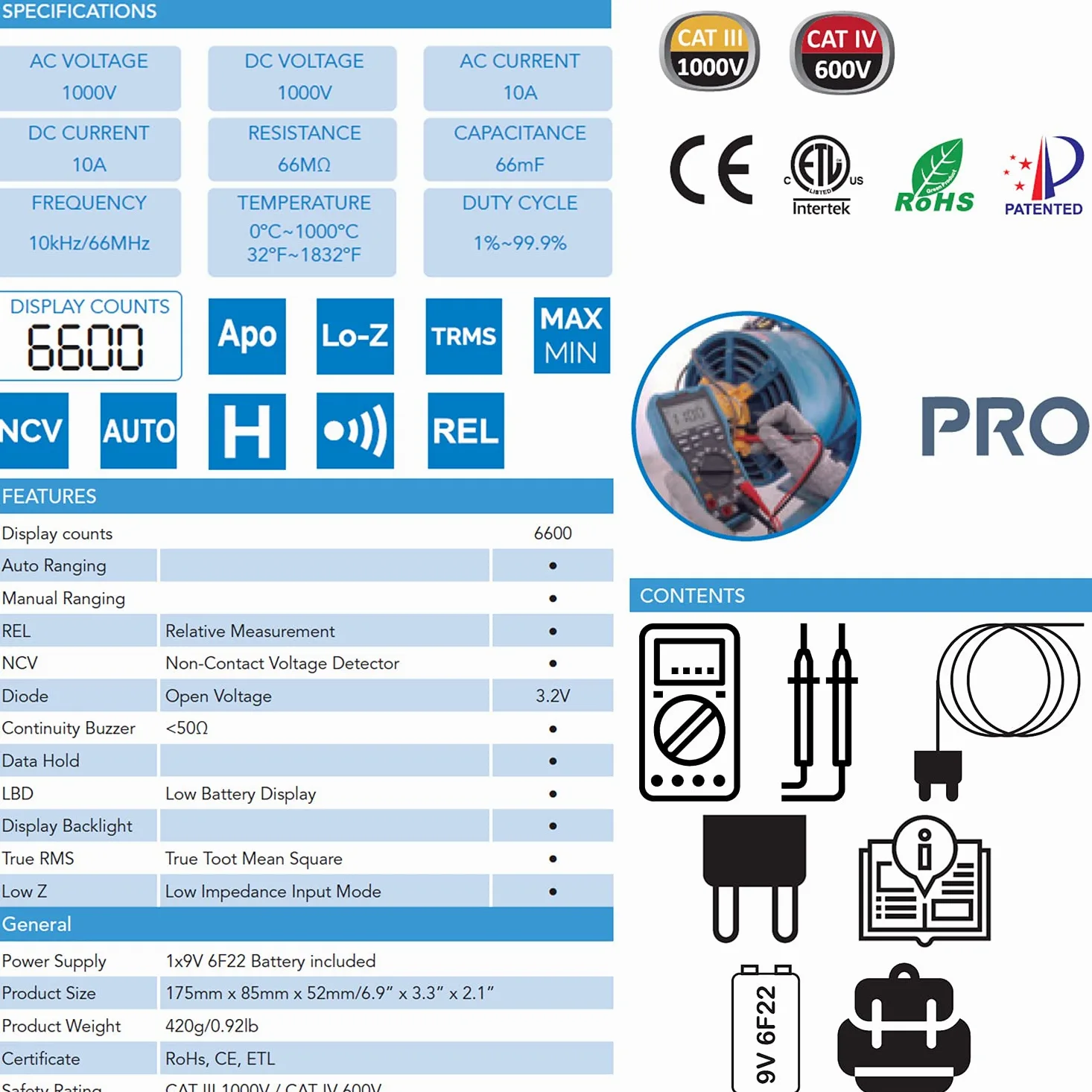 C-LOGIC 5600 Multimetr cyfrowy TRMS Low Z Niska Impedancja CAT IV 66000 kont NCV Napięcie DC/AC 1000V Prąd AC/DC 10A Odporność 66MΩ Temperatura Pojemność 66mF Częstotliwość Autoskala 66MHz