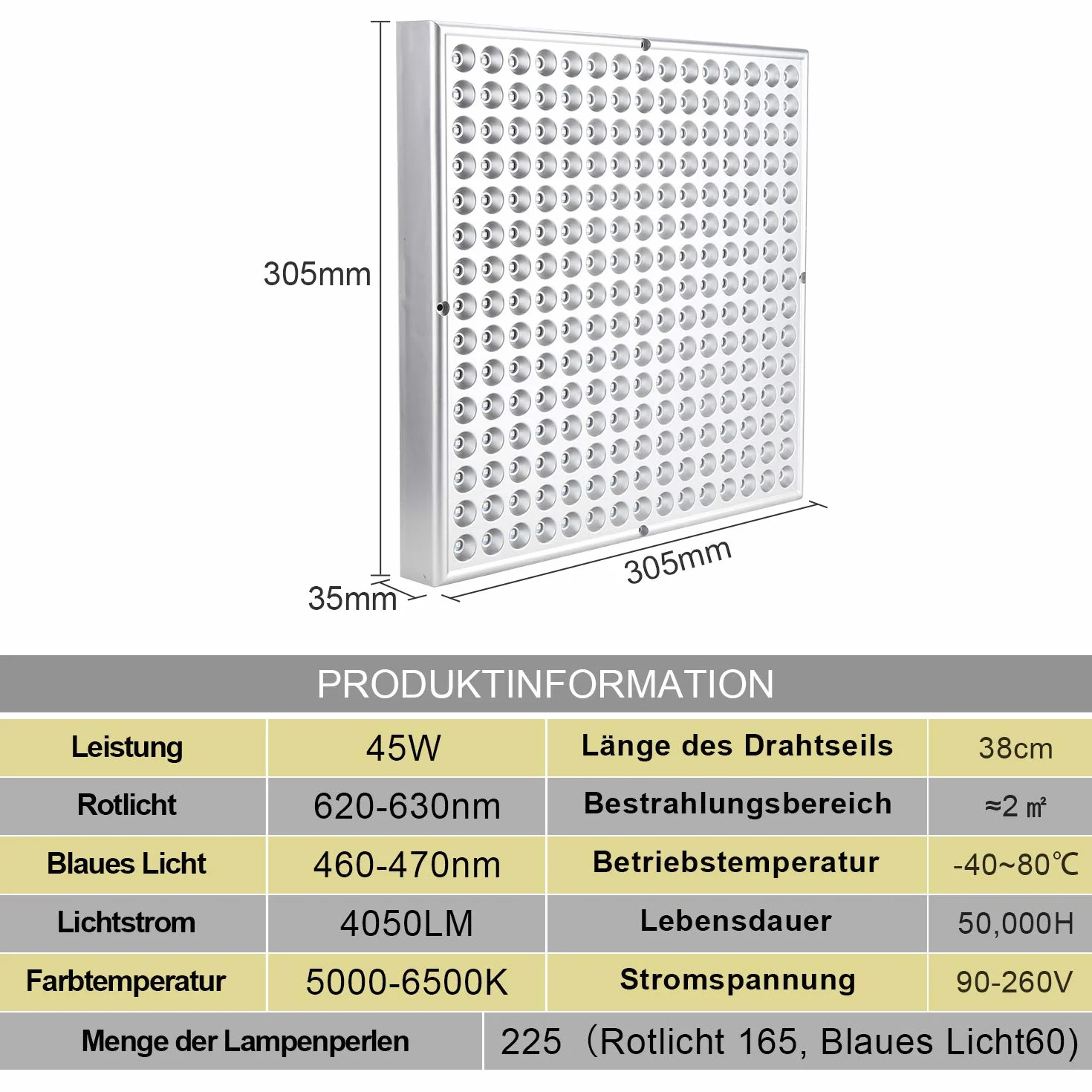 Randaco 2 szt. 45 W LED Grow Light Complete Spectrum, lampa ogrodnicza z 225 diodami LED czerwone i niebieskie światło, lampa roślinna do kiełkowania hydroponicznego