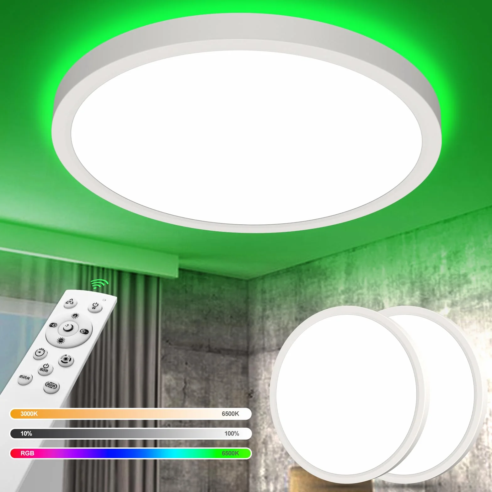 YiLaie 2 sztuki lamp sufitowych LED do ściemniania RGB, 24 W, 2700 lm, lampa sufitowa LED z pilotem zdalnego sterowania, 3000K-6500K, IP44, okrągła lampa sufitowa do sypialni, salonu, łazienki,
