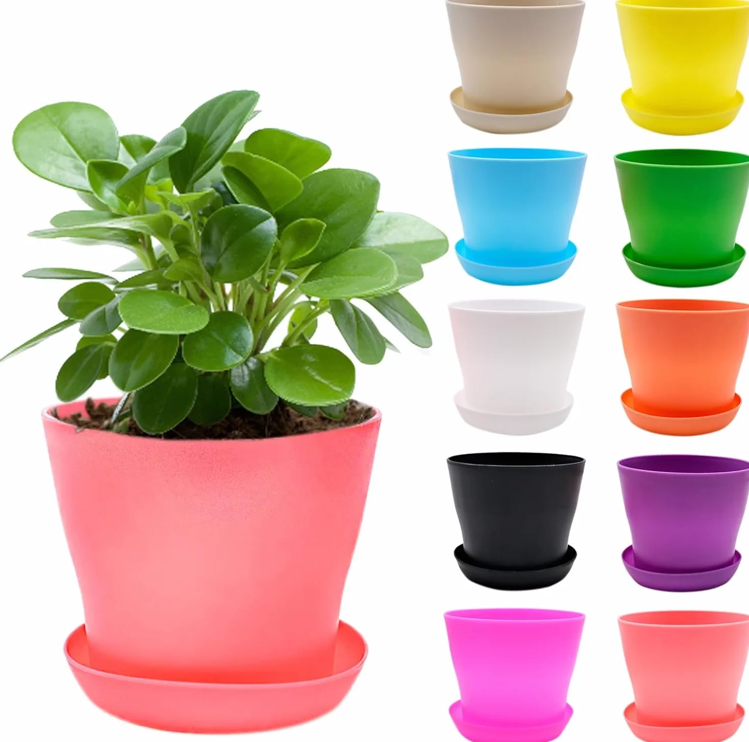 10 małych doniczek z podstawką, 10 cm, plastikowe, dekoracyjne doniczki na rośliny, kolorowe, mini doniczki z tworzywa sztucznego, zestaw małych doniczek do użytku wewnątrz i na balkon