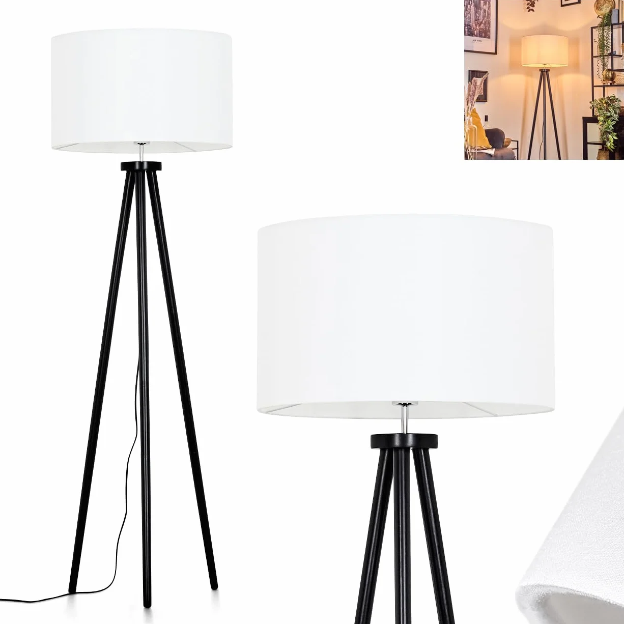 Felmming lampa stojąca, lampa podłogowa z drewna/tkaniny w kolorze czarnym/białym, lampa w skandynawskim designie z okrągłym kloszem (Ø 50 cm) i włącznikiem nożnym, wysokość 155 cm, 1x E27 bez żarówki