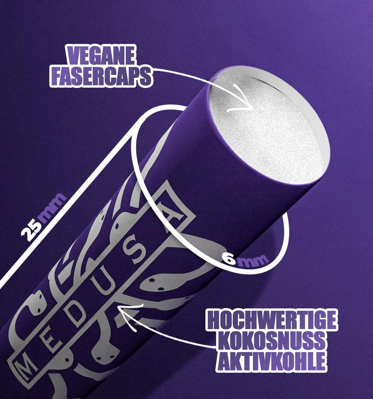 Medusafilters® 250 sztuk filtrów z węglem aktywnym o średnicy 6 mm z wegańskimi nasadkami z włókien i węglem aktywnym kokosowym | filtr o długości 25 mm Made in Germany (VIOLET Edition)
