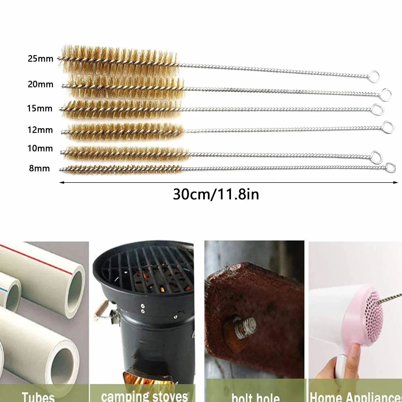 Zestaw 6 mosiężnych szczotek do czyszczenia rur rurowych, mosiężne szczotki rurowe z długim uchwytem 8 mm/10 mm/12 mm/15 mm/20 mm/25 mm szczotka do czyszczenia rur cylindrowych bojlera
