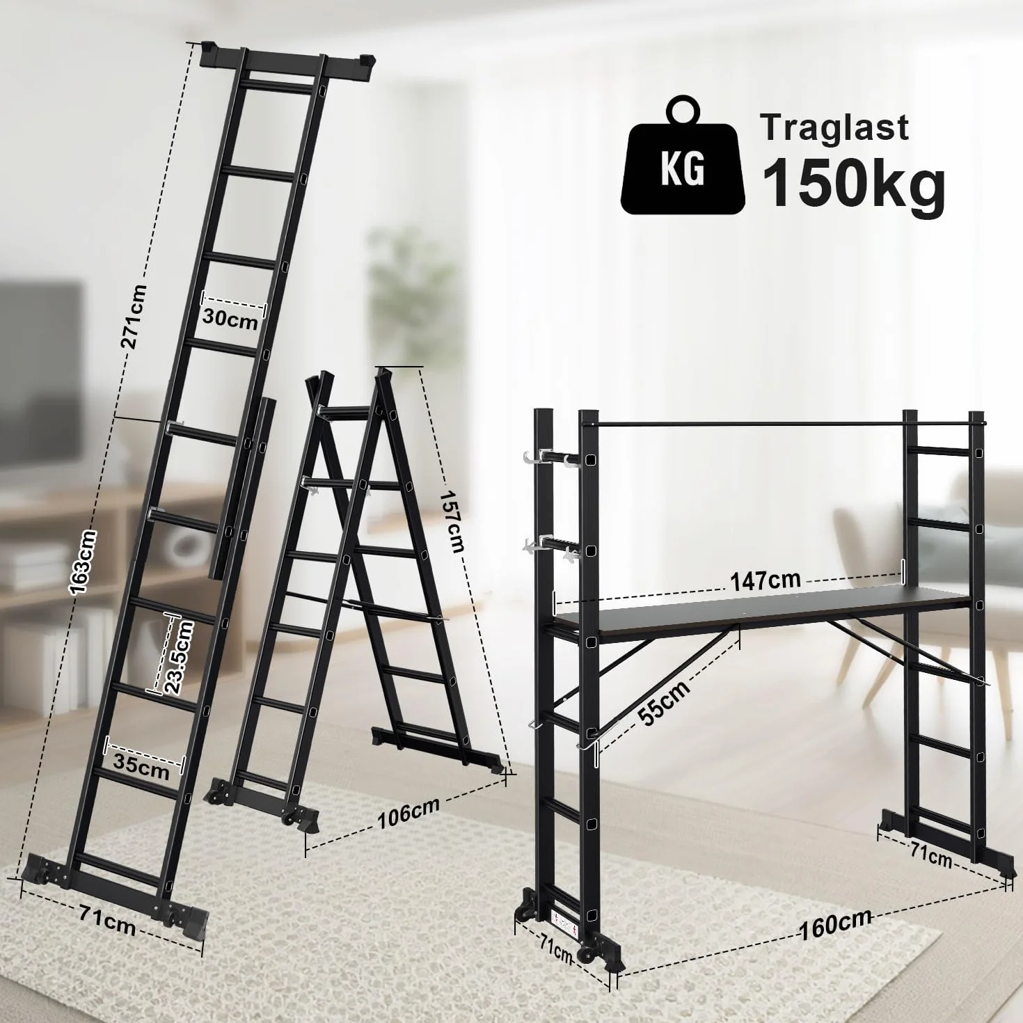 Gimisgu Rusztowanie, aluminiowa drabina wielofunkcyjna 4 w 1, 6 + 6 stopni, mobilna drabina wielofunkcyjna z platformą i 2 kółkami, rusztowanie robocze, platforma robocza, obciążenie do maks. 150 kg,