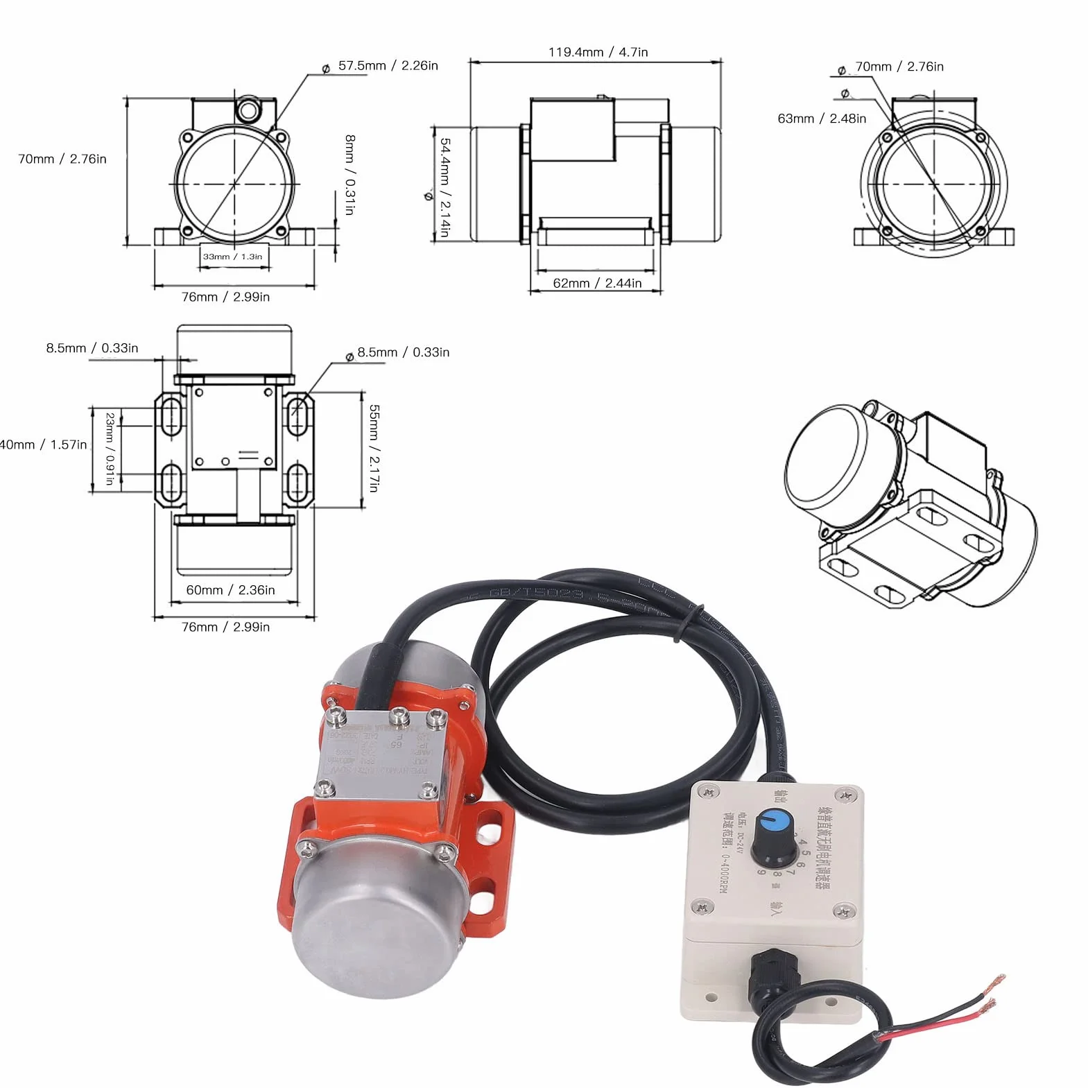 Wibrator Do Betonu, 30W 4000 obr./min, Bezszczotkowy Silnik Wibracyjny DC24V, z Regulatorem Prędkości, IP65, Stop Aluminium