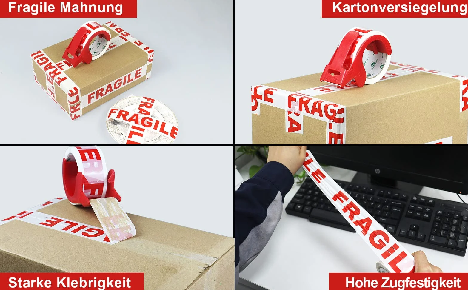 BOMEI PACK Zestaw 3 rolek taśmy klejącej z fragile (kruche) 48 mm x 66 m, ekstra mocna, z odwijarką w zestawie, taśma klejąca, do kartonów do przeprowadzek i uwaga taśma do pakowania
