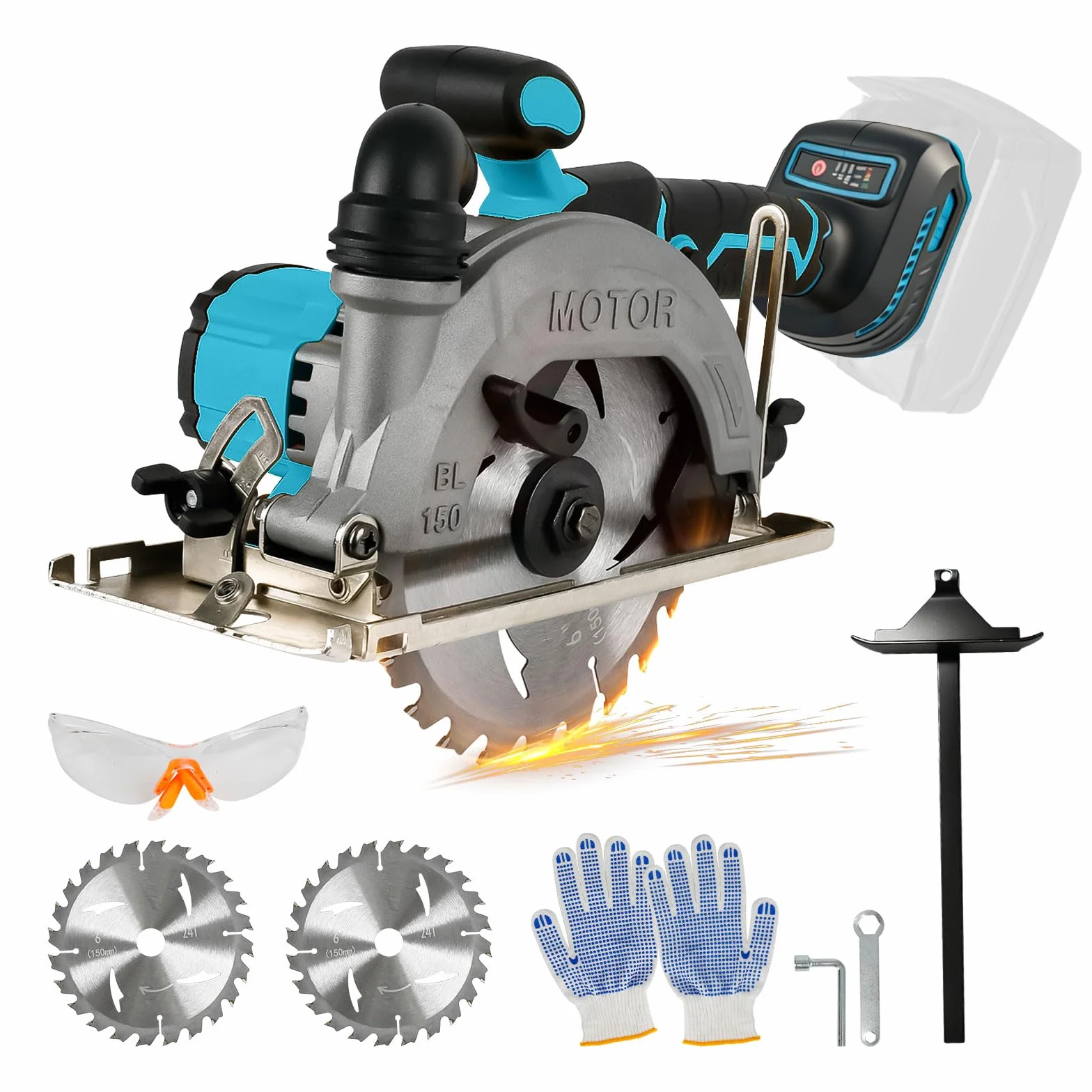 Piła tarczowa akumulatorowa dla Makita, 18 V, 20 V, 6200 U/min, bezszczotkowa piła tarczowa z 2 ostrzami 150 mm, głębokość cięcia i kąt 50 mm (90°) - 33 mm (45°) do drewna, miękkiego metalu, plastiku