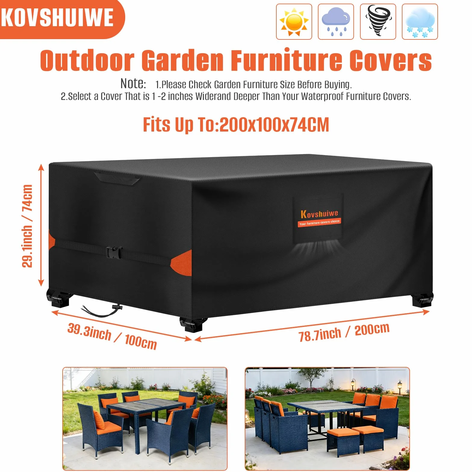 Kovshuiwe Pokrowiec na meble ogrodowe, 200 x 100 x 74 cm, wodoszczelny, wiatroszczelny, odporny na działanie promieni UV, 420D Heavy Duty, plandeka ochronna, plandeka ochronna na meble ogrodowe do