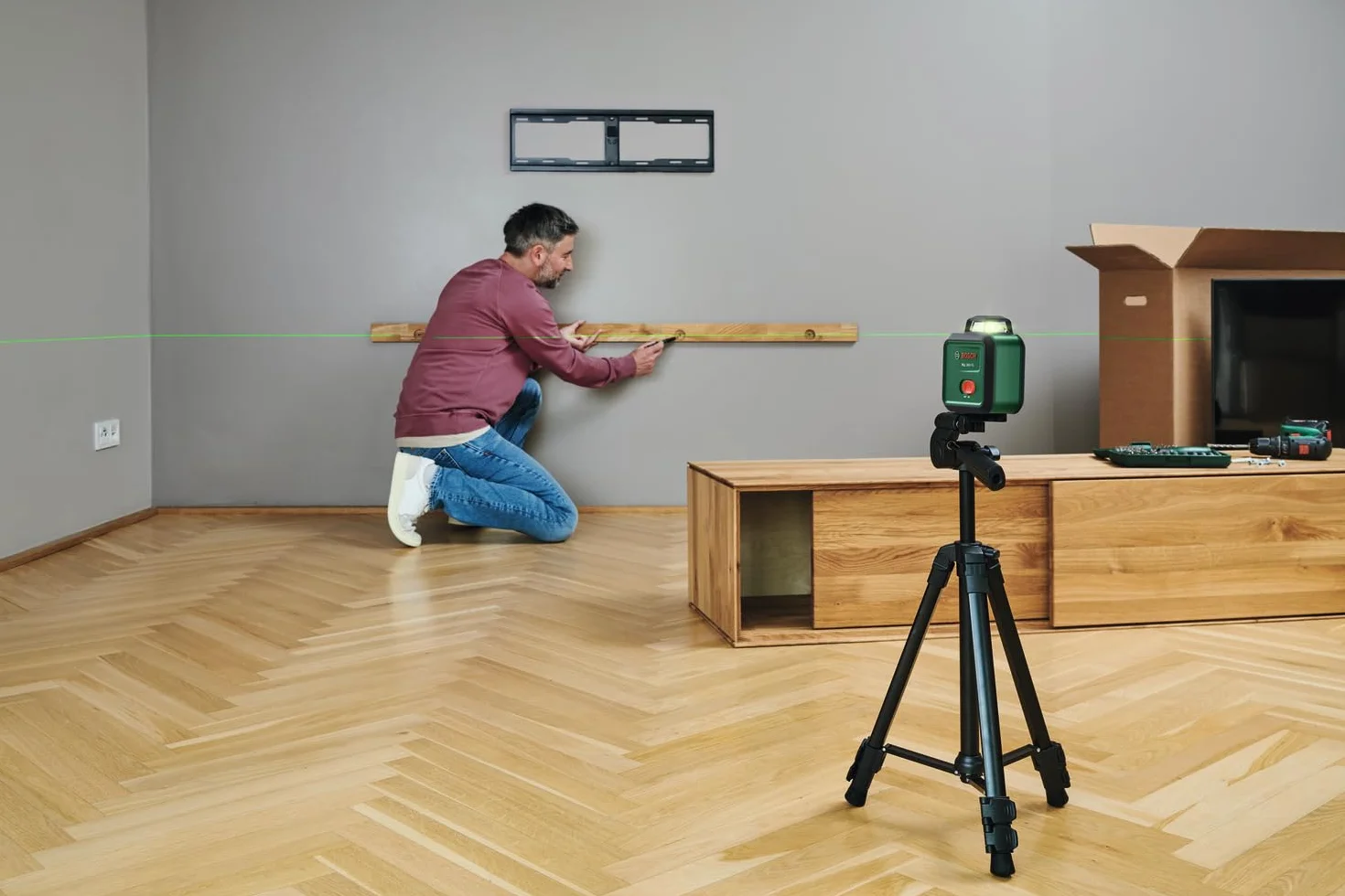Bosch Laser płaszczyznowy PLL 360-1G (zielona wiązka laserowa 360°, funkcja samopoziomowania, dokładność ±0,4 mm/m, zintegrowany akumulator Li-ion, USB-C®, opakowanie kartonowe E-Commerce)