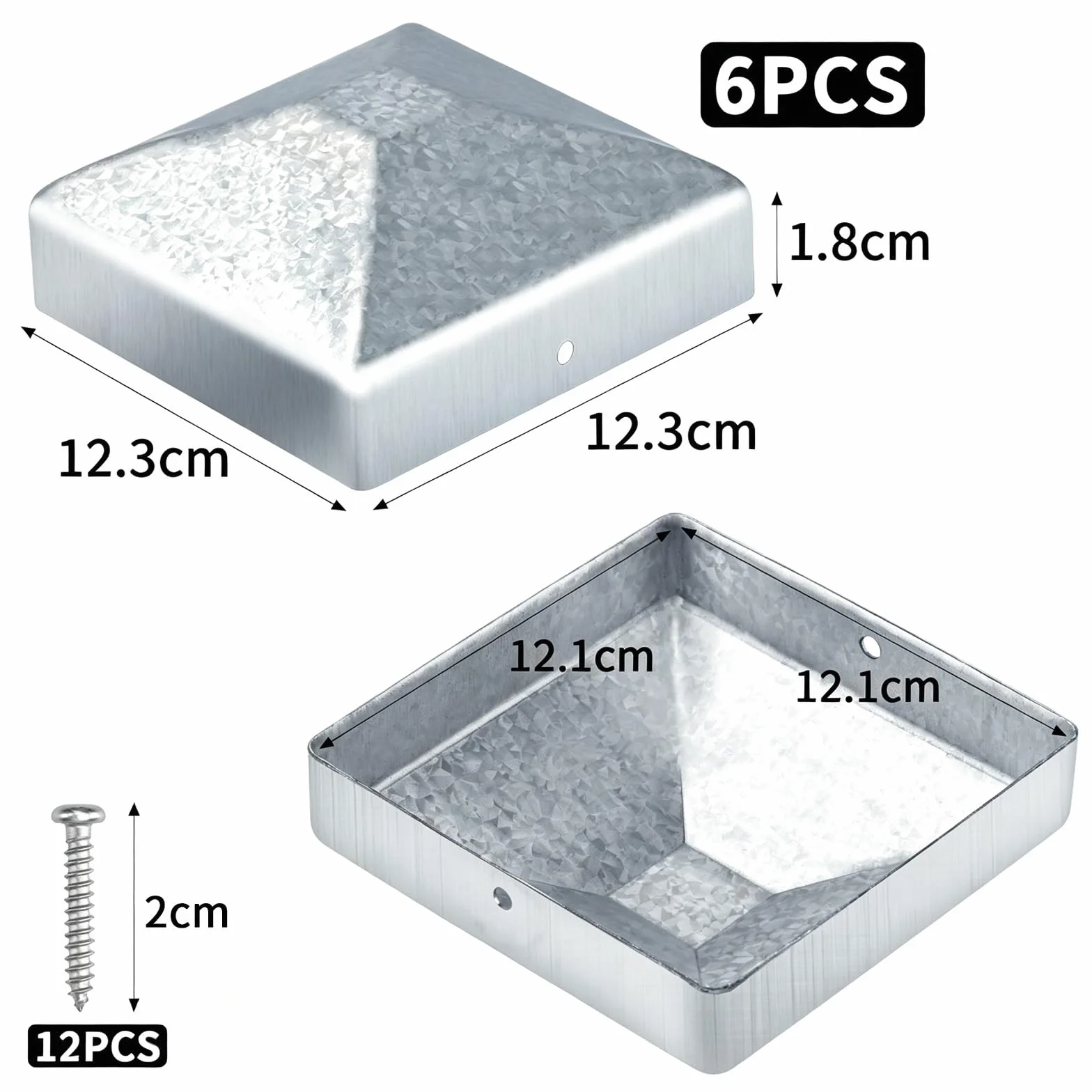 Nakrętki na słupki, 12 x 12 cm, 6 sztuk, zaślepki na słupki, metalowe zaślepki ogrodzeniowe, kwadratowe, ze śrubami