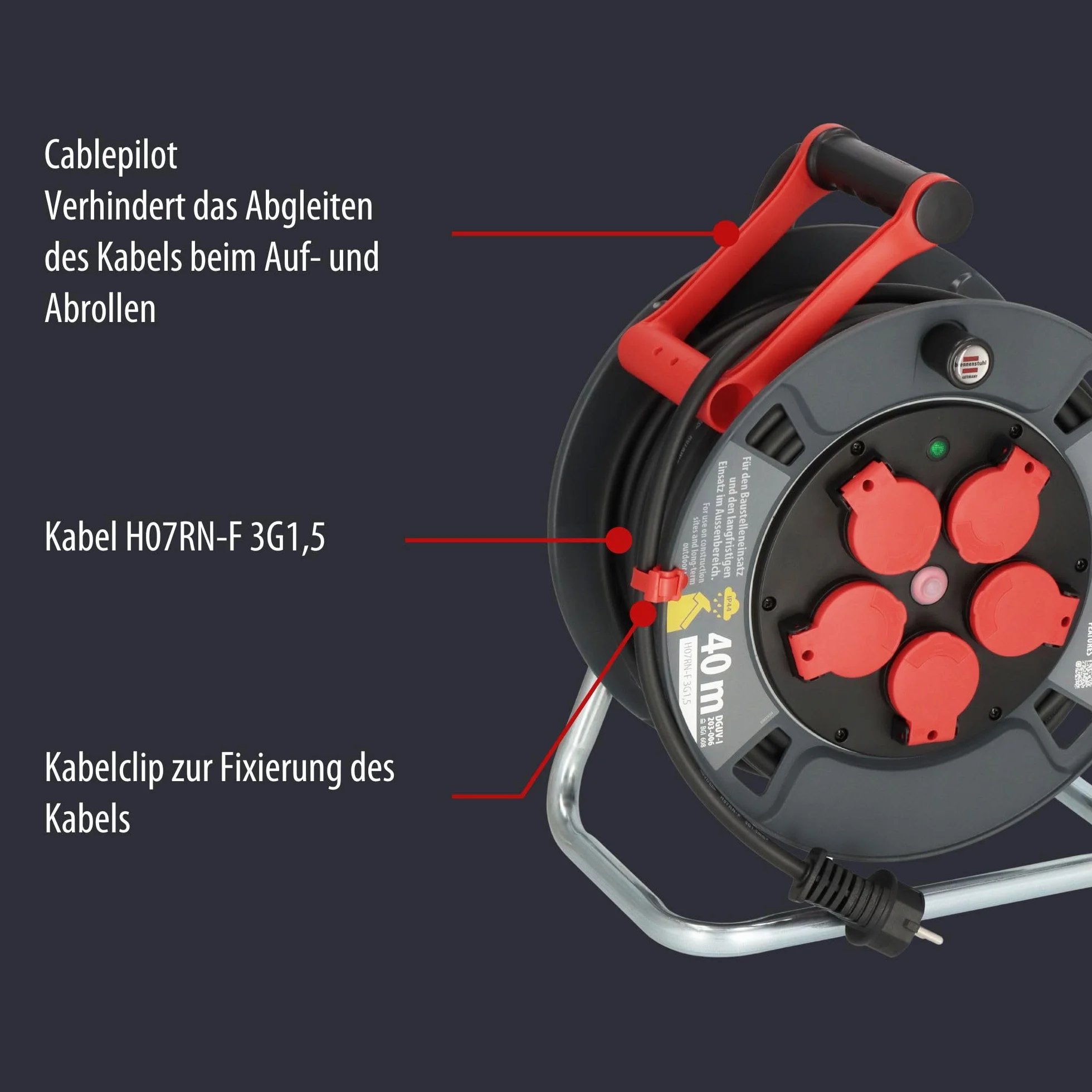 Brennenstuhl Professional bęben kablowy 300 KU 2100 (kabel 25 m w kolorze czarnym, wykonany ze specjalnego tworzywa sztucznego, do użytku na budowie i do stałego użytku na zewnątrz, Made in Germany)