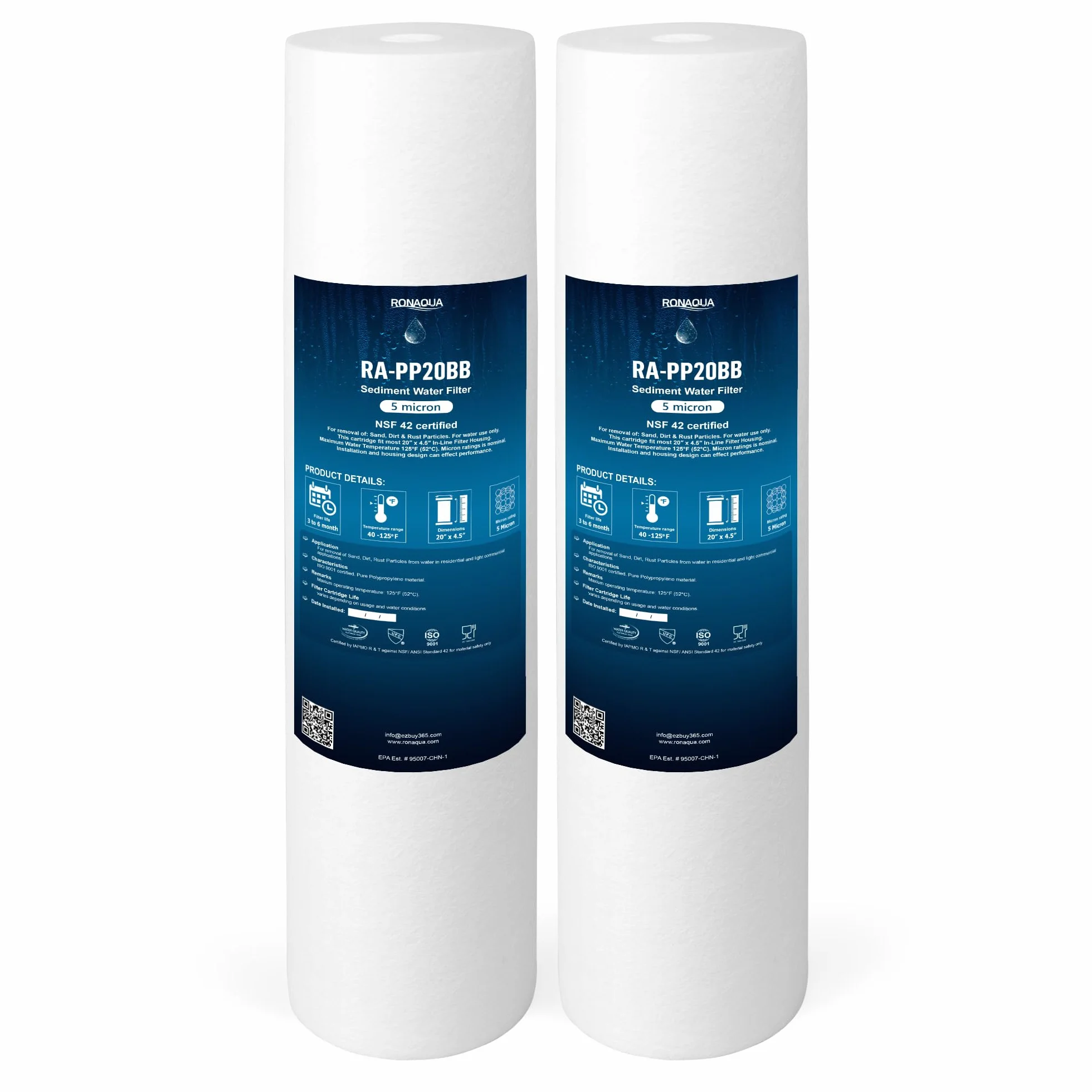 Ronaqua Wymienny wkład filtrujący do wody, 50 cm x 11,4 cm, 5 mikronów, certyfikat NSF, dla całego domu, kompatybilny z 155358-43, 2PP20BB1M, AP810-2, FPMB-BB5-20, P5-20BB, SDC-45-2005, 2 szt