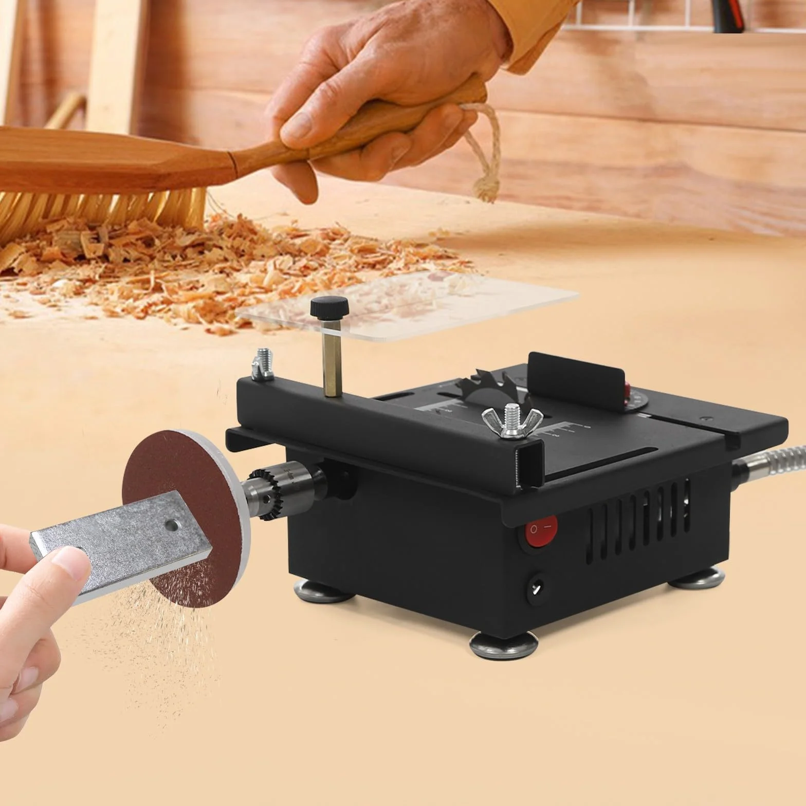 Mini piła stołowa pilarka tarczowa, 7 stopni prędkości, 100 W, 6000 obr./min, kompaktowa 18 cm, do drewna, tworzywa sztucznego, metalu, modelarstwa, projektów DIY, z narzędziem do szlifowania, uchwyt