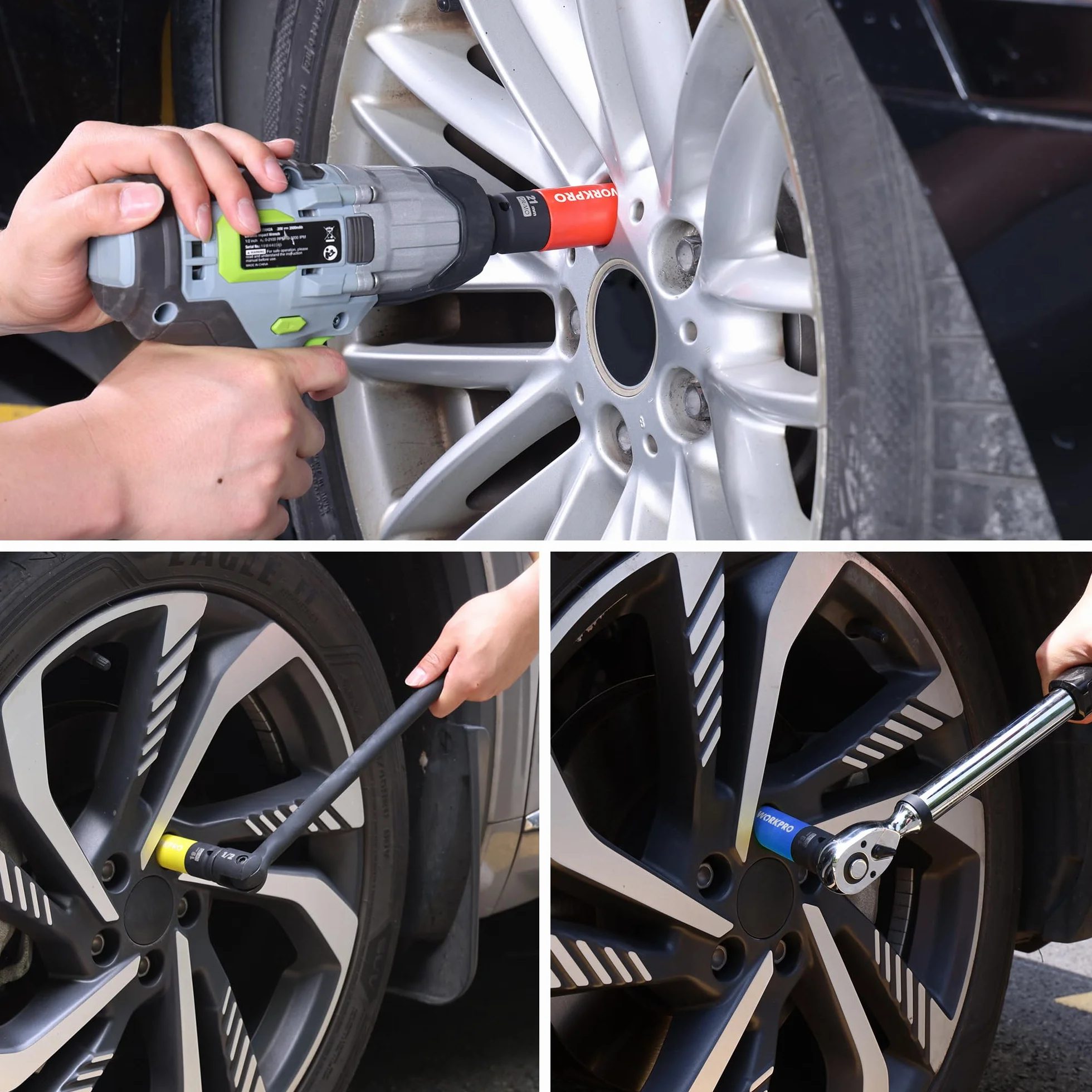 WORKPRO Zestaw nasadek udarowych 1/5.1 cm, 3 szt. cienkościennych nasadek nasadowych, metryczne ochronne gniazdo nakrętki koła 17 mm, 19 mm, 21 mm, z pudełkiem do przechowywania, stalowe gniazda Cr-Mo