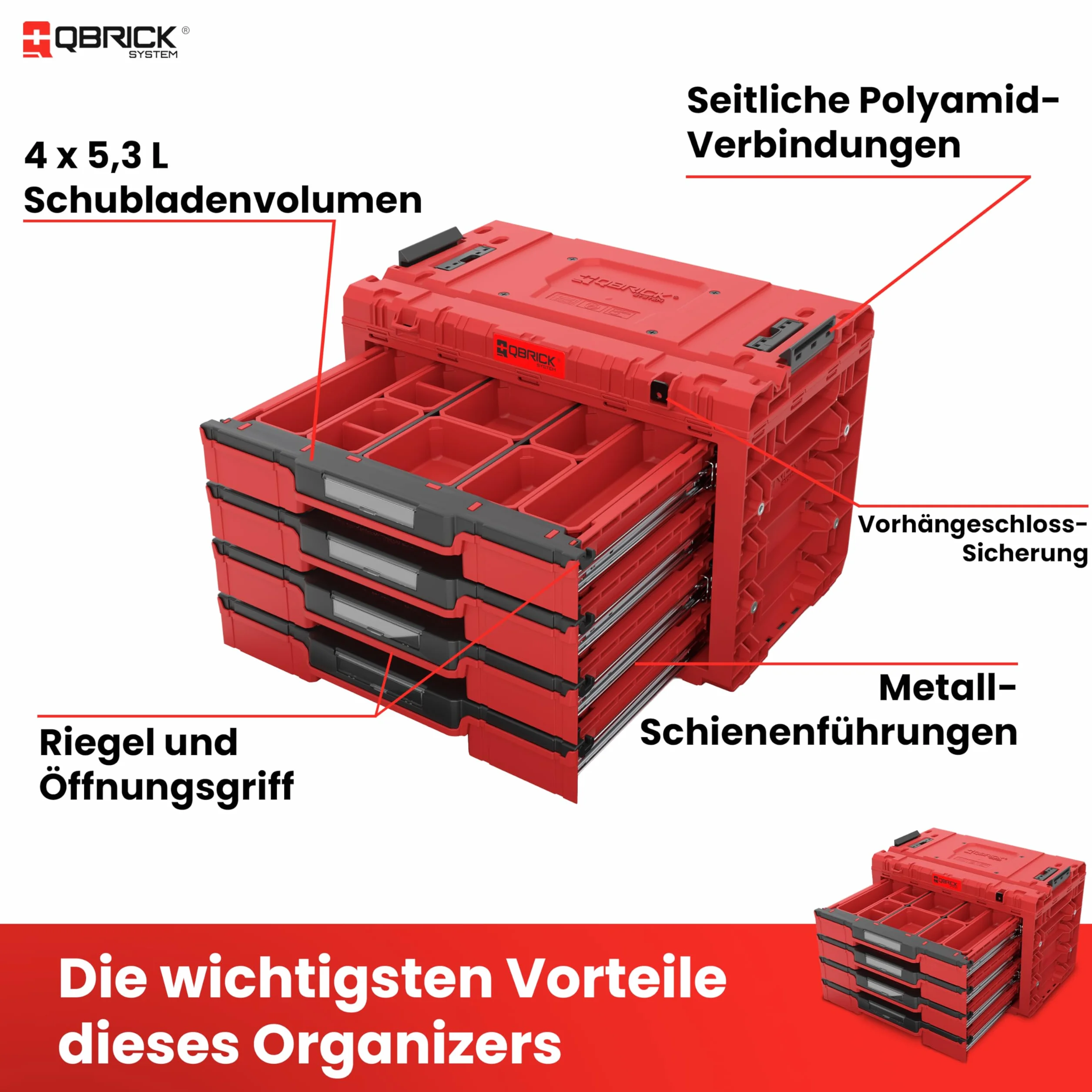 Qbrick System Pusta skrzynka narzędziowa - 4 przegródki - walizka narzędziowa - 542 x 335 x 369 mm czerwona