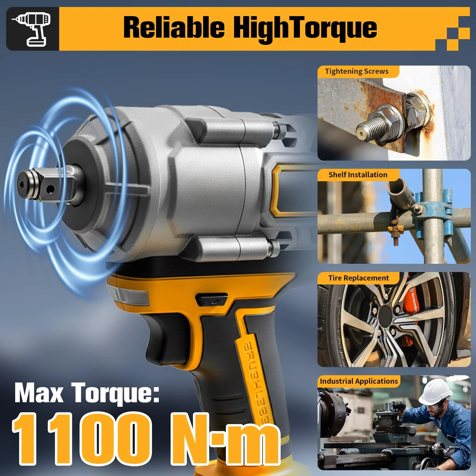 Akumulatorowa wkrętarka udarowa 1100 Nm kompatybilna z DeWalt 18 V/20 V – 1/2" bezszczotkowy klucz płaski z 7 kluczami nasadowymi do naprawy samochodów, wymiany opon i prac budowlanych (bez