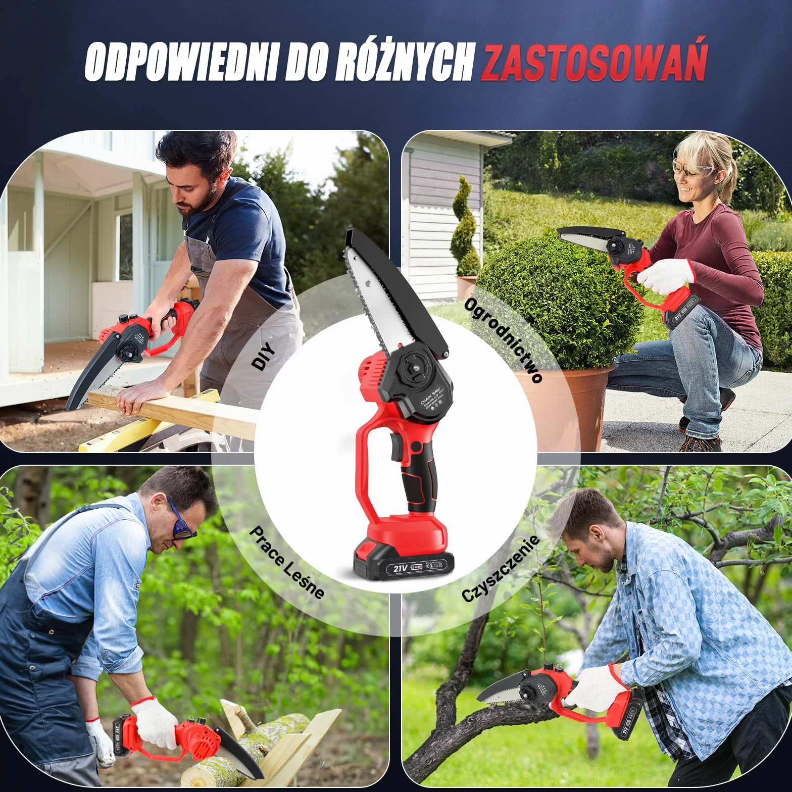Mini Piła Łańcuchowa Bezprzewodowa 6 Cali, Elektryczna Piła z Silnikiem 800W, Systemem Instalacji Beznarzędziowej/Blokady Bezpieczeństwa, z 2 Akumulatorami 2000mAh do Przycinania Drzew, Cięcia Drewna