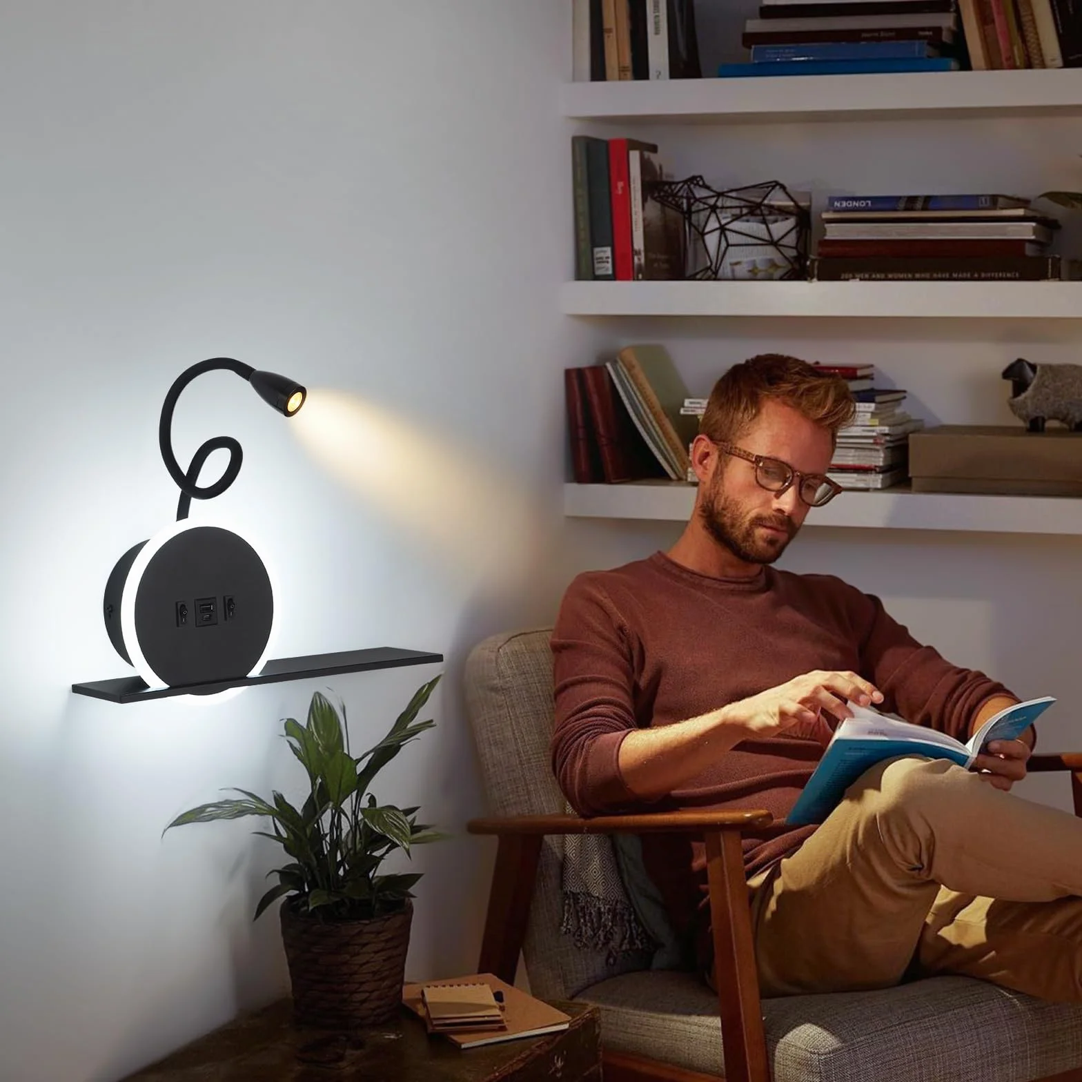 SANSHI Lampa do czytania na ścianie LED z przełącznikiem, lampka do łóżka z USB + złącze ładowania typu C