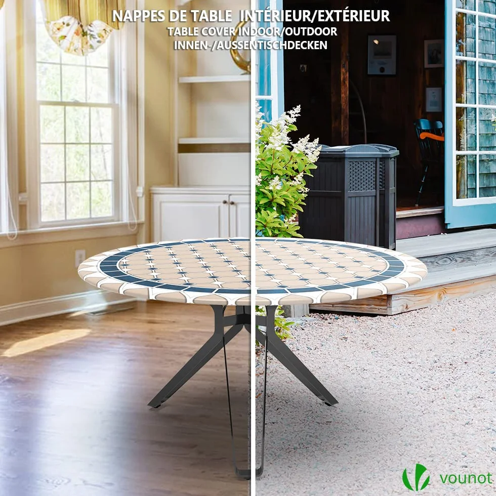 VOUNOT Okrągły obrus Wodoodporny pokrowiec na stół Ceramiczny wzór 90-120cm