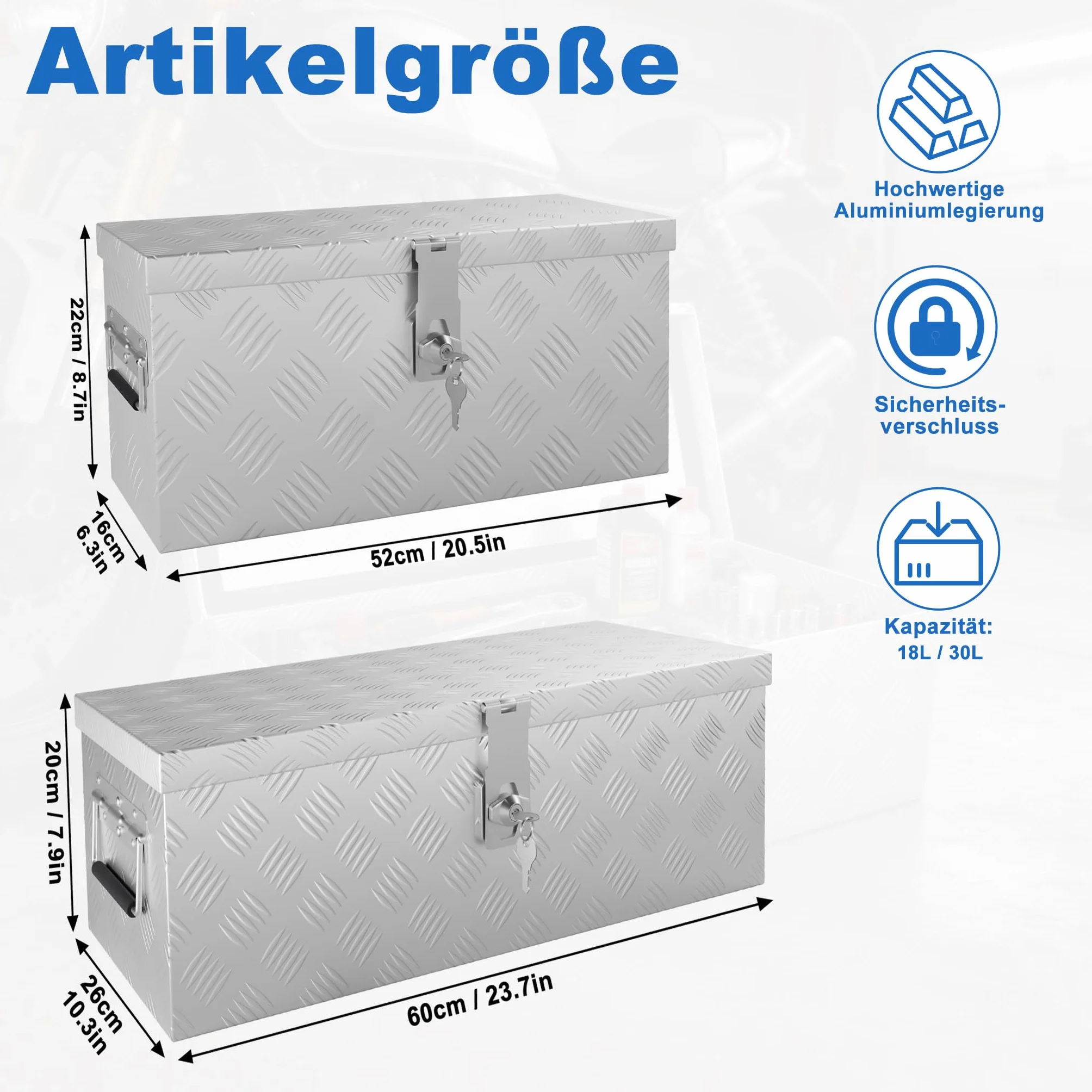UISEBRT Aluminiowa skrzynka narzędziowa z zamkiem, aluminiowa skrzynka transportowa 520 x 160 x 220 mm, wytrzymała aluminiowa skrzynka na narzędzia, skrzynka na przyczepkę, wodoszczelne pudełko do