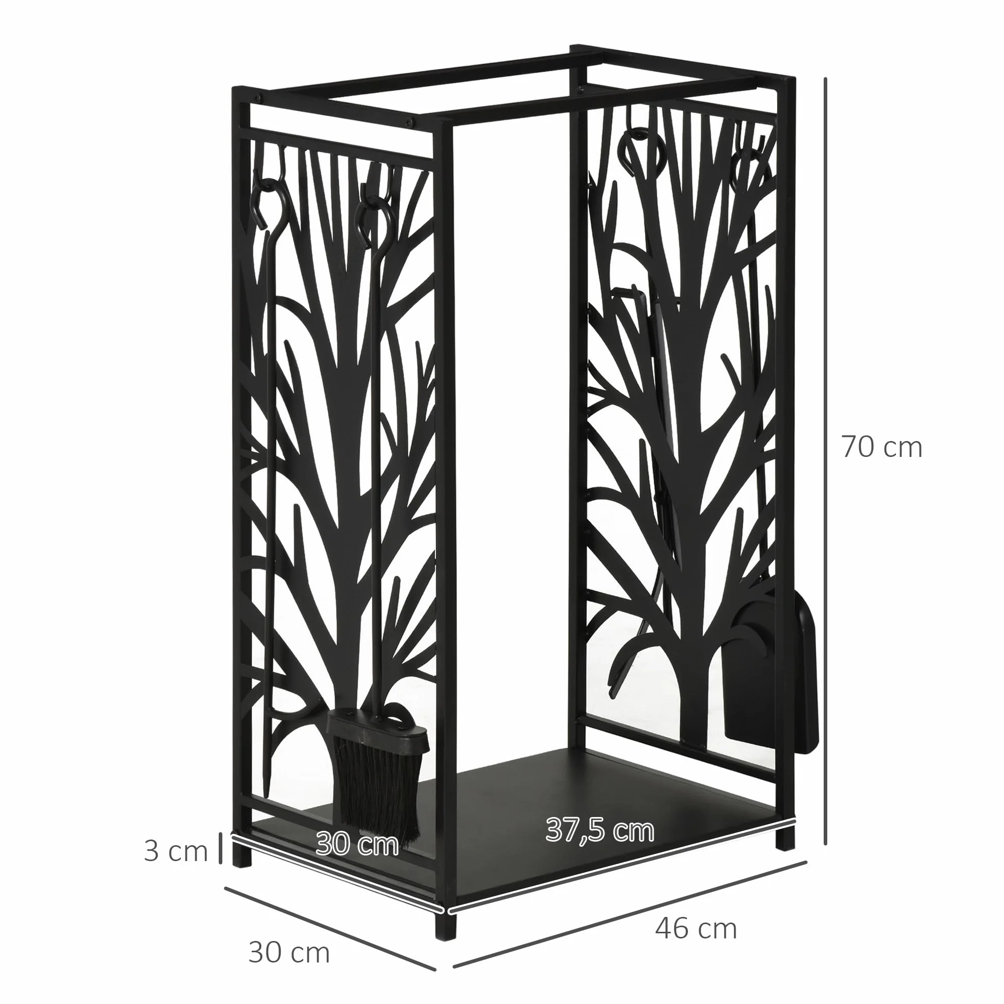 HOMCOM stojak na drewno kominkowe z akcesoriami kominkowymi, półka na drewno opałowe, półka na drewno, akcesoria kominkowe, stalowy czarny 46 x 29 x 70 cm