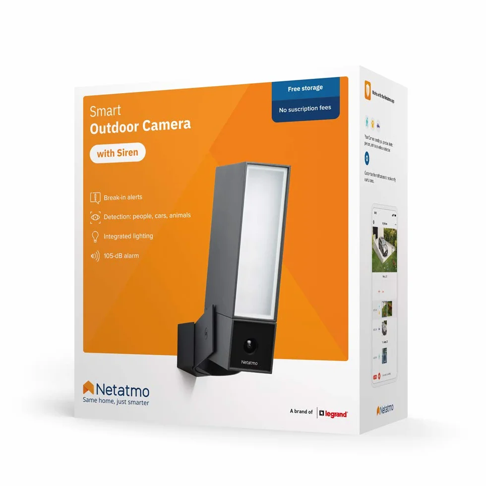 Netatmo Monitorująca Inteligentna Kamera Zewnętrzna z Alarmem 105 dB Netatmo, WiFi, Wbudowane oświetlenie, Wykrywanie ruchu, Noktowizja, Bez abonamentu, NOC-S-EC