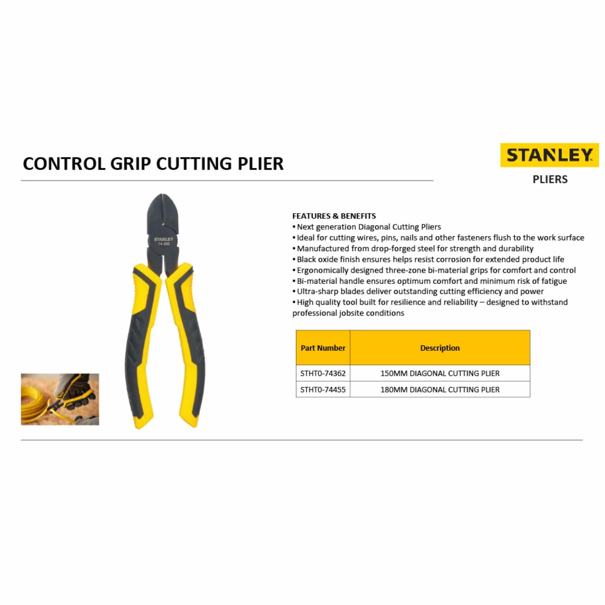 Stanley STHT0-74362 Tools 074362 ControlGrip ukośne szczypce tnące 150 mm, żółty/czarny