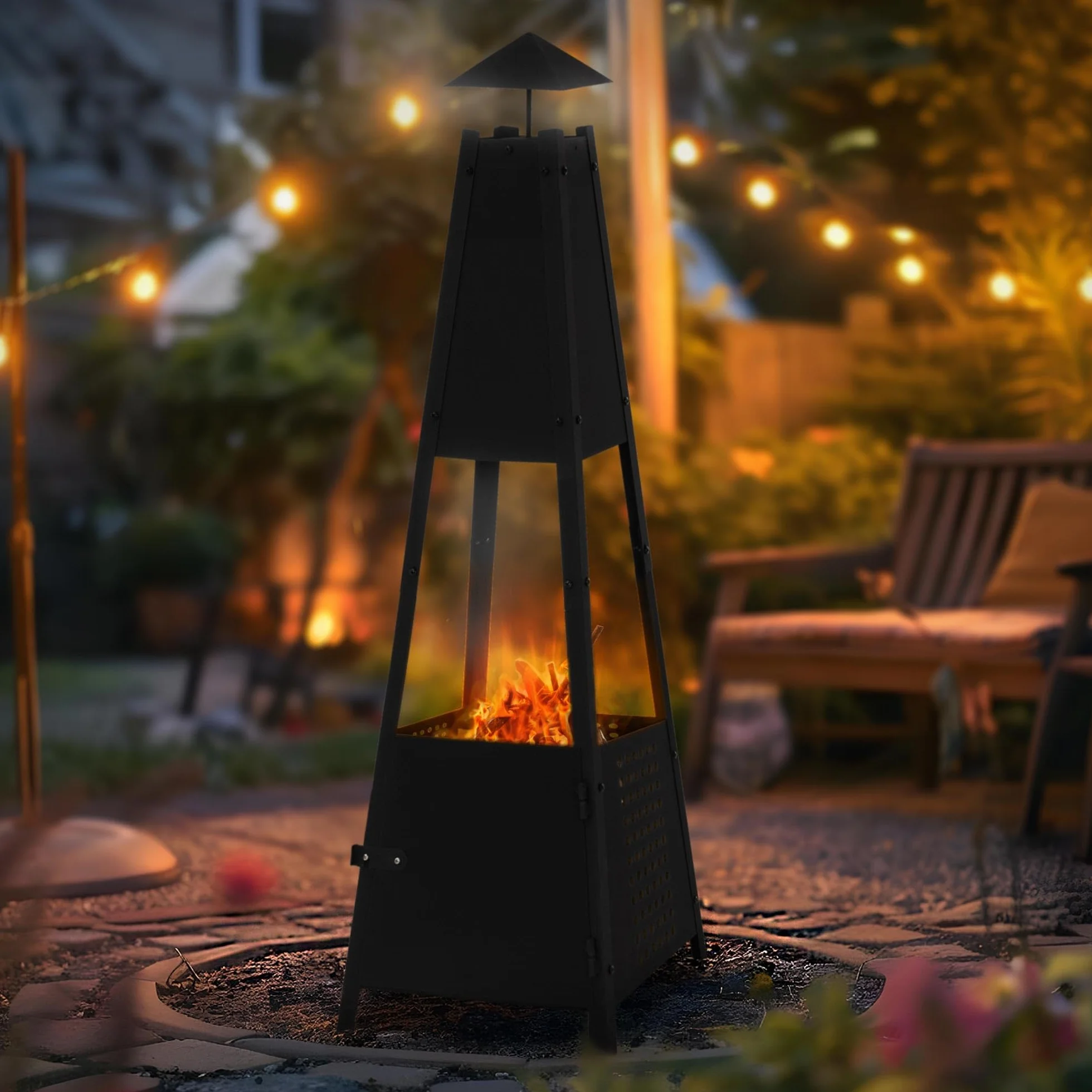 ML-Design Piramida Kominek Ogrodowy Z Kominem Wykonany Z Metalu W Kolorze Czarnym Wysokosc 100 Cm, Odporny Na Warunki Atmosferyczne Piec Ogrodowy/kominek Na Patio Jako Misa Ogniowa Lub Kosz Na Ognisko