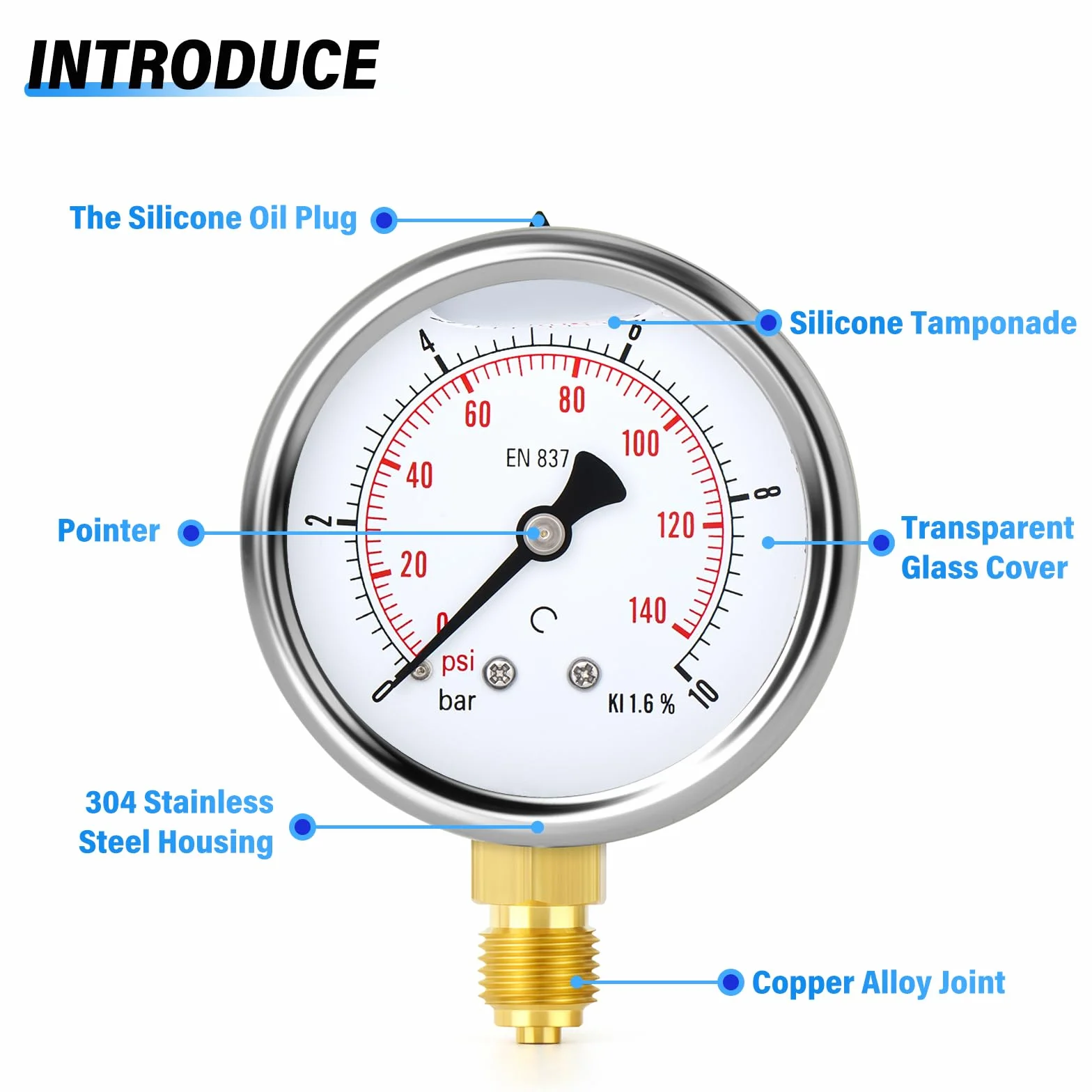 TAILONZ PNEUMATIC Manometr wypełniony płynem 0-4 bar stal szlachetna 1/4" BSP 2,5" DIAL WOG