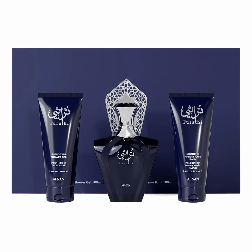 Afnan Turathi Blue 3-częściowy zestaw dla mężczyzn, woda perfumowana w sprayu + żel pod prysznic 100 ml + balsam po goleniu 100 ml