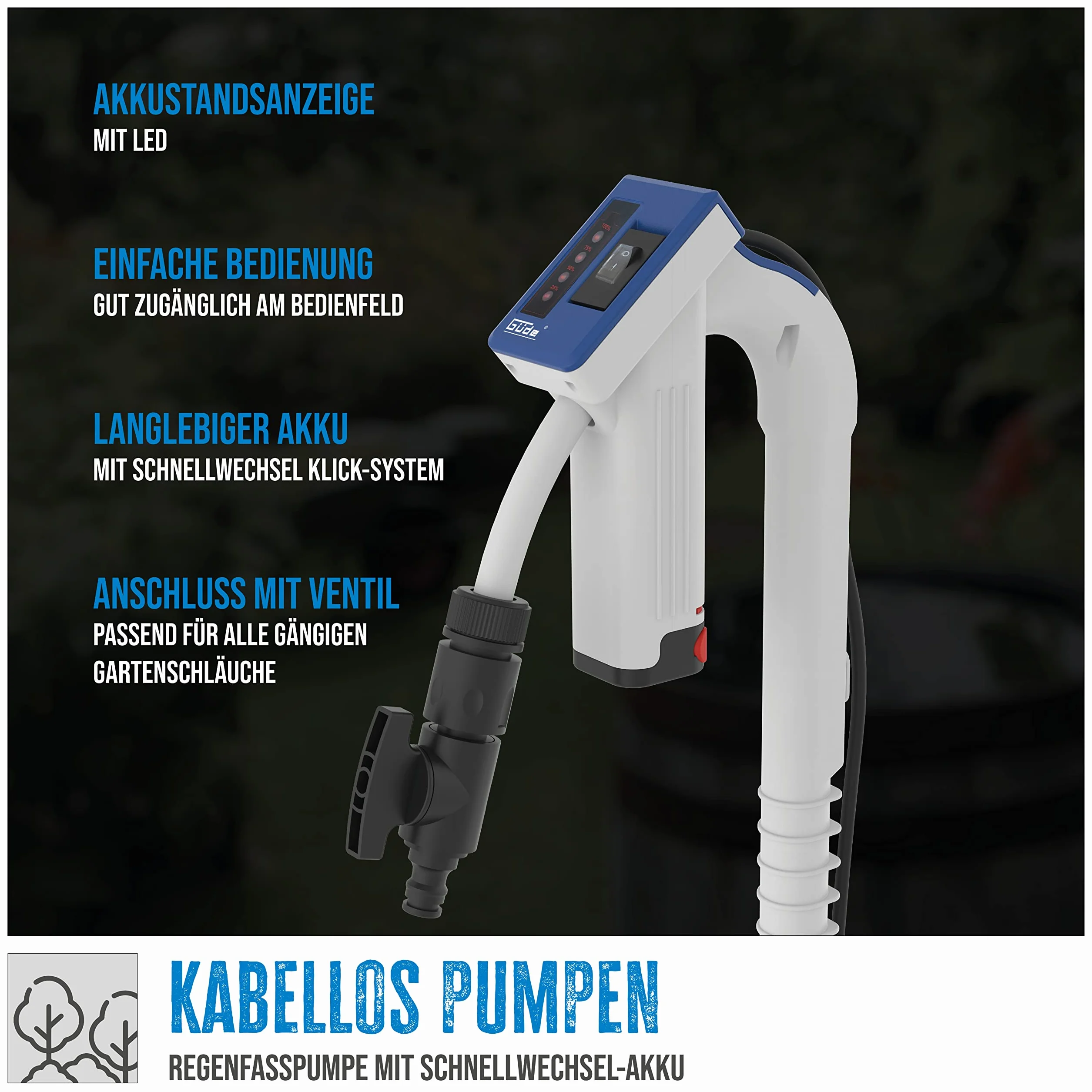 Güde Akumulatorowa pompa do beczki deszczowej RFP 12-201-04 (12 V, 1500 l/h, testowana dobrze - bardzo dobra ochrona przed pracą na sucho, wysokość tłoczenia 11 m, maks. wielkość ziarna 0,5 mm, zawór