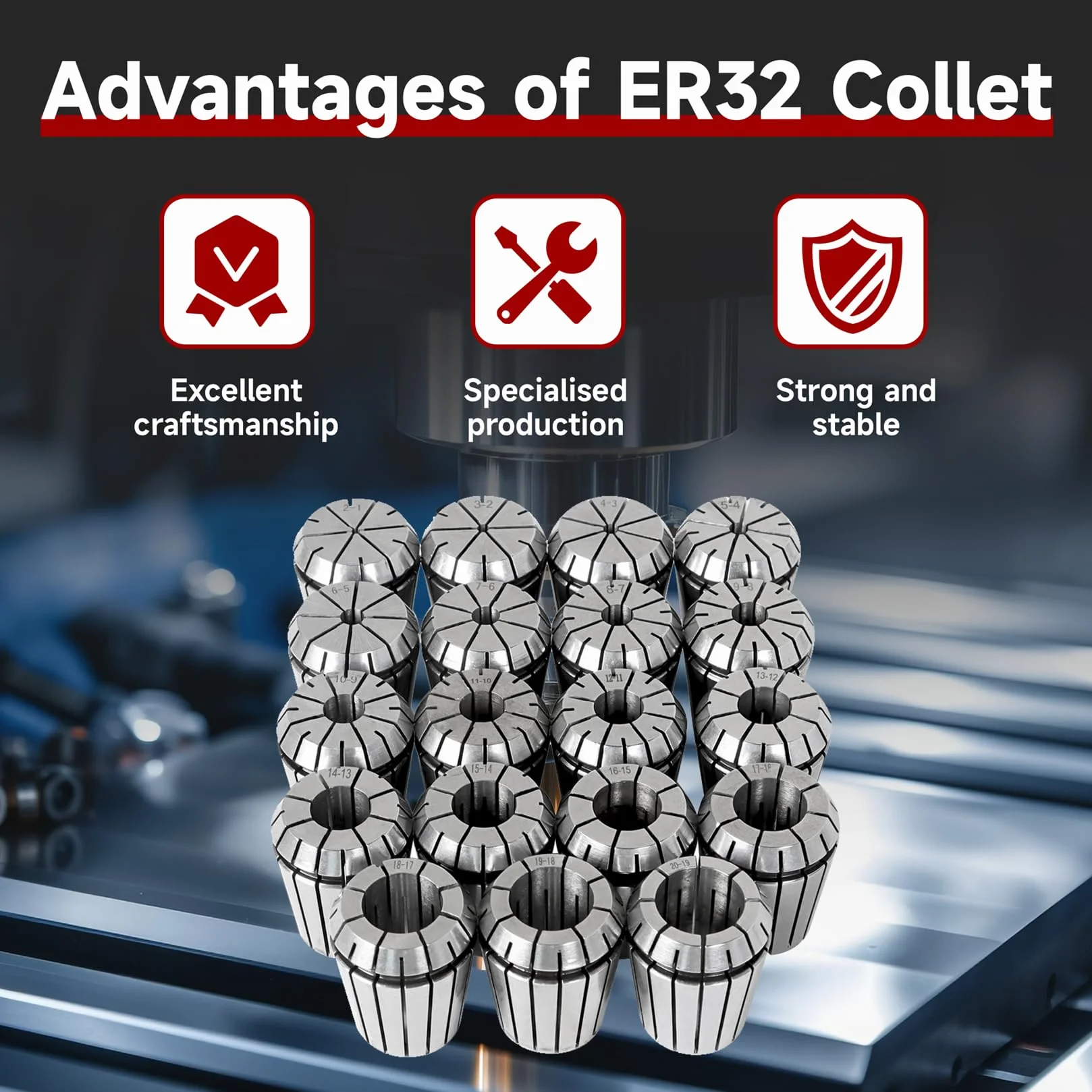 Zestaw tulei zaciskowych ER32 19 szt. Zestaw tulei zaciskowych ER32, zacisk sprężynowy, narzędzie do tokarki grawerującej CNC, 2-20 mm, pasuje do maszyny grawerującej CNC i frezarki tokarskiej