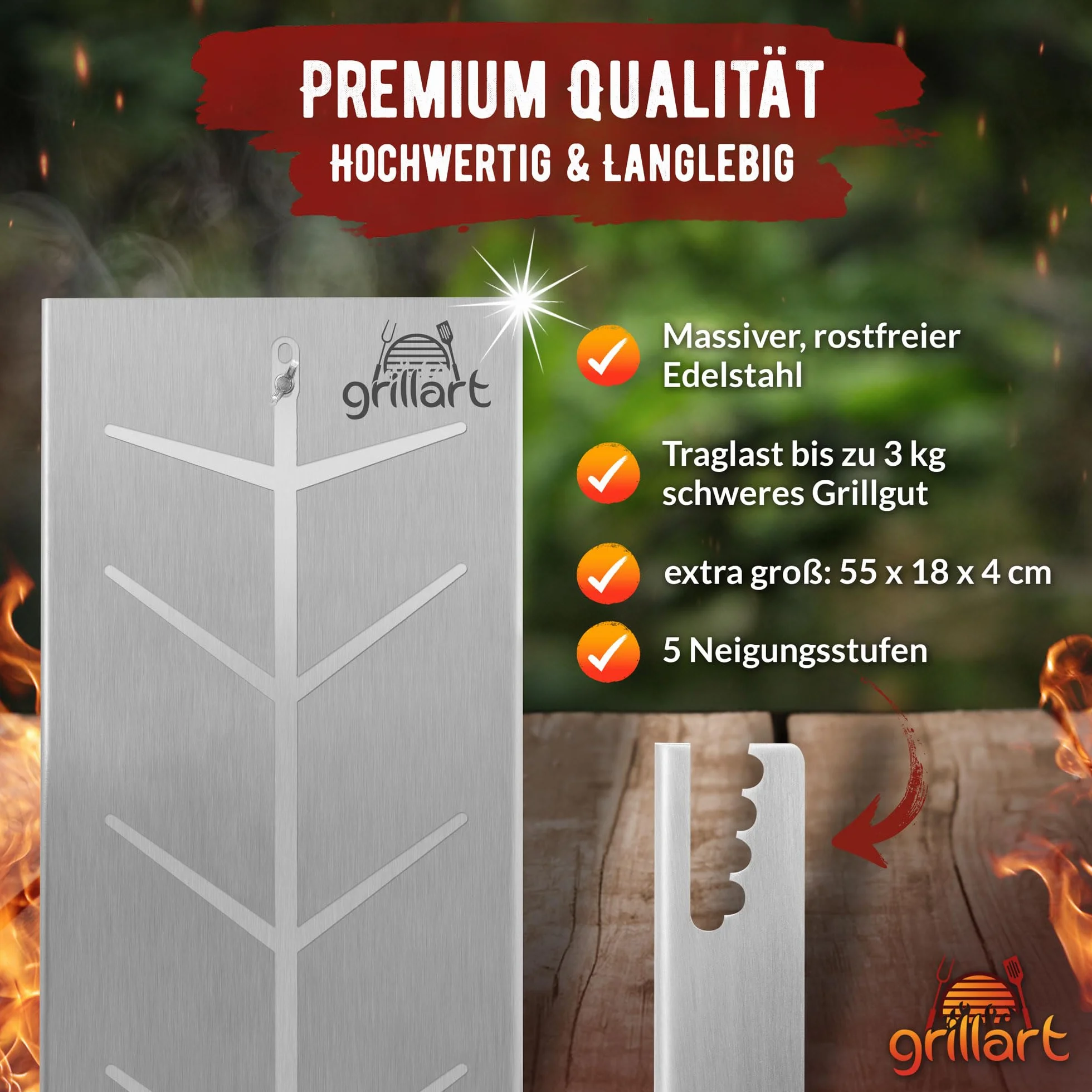 grillart® Deska do wędzenia łososia z uchwytem ze stali nierdzewnej