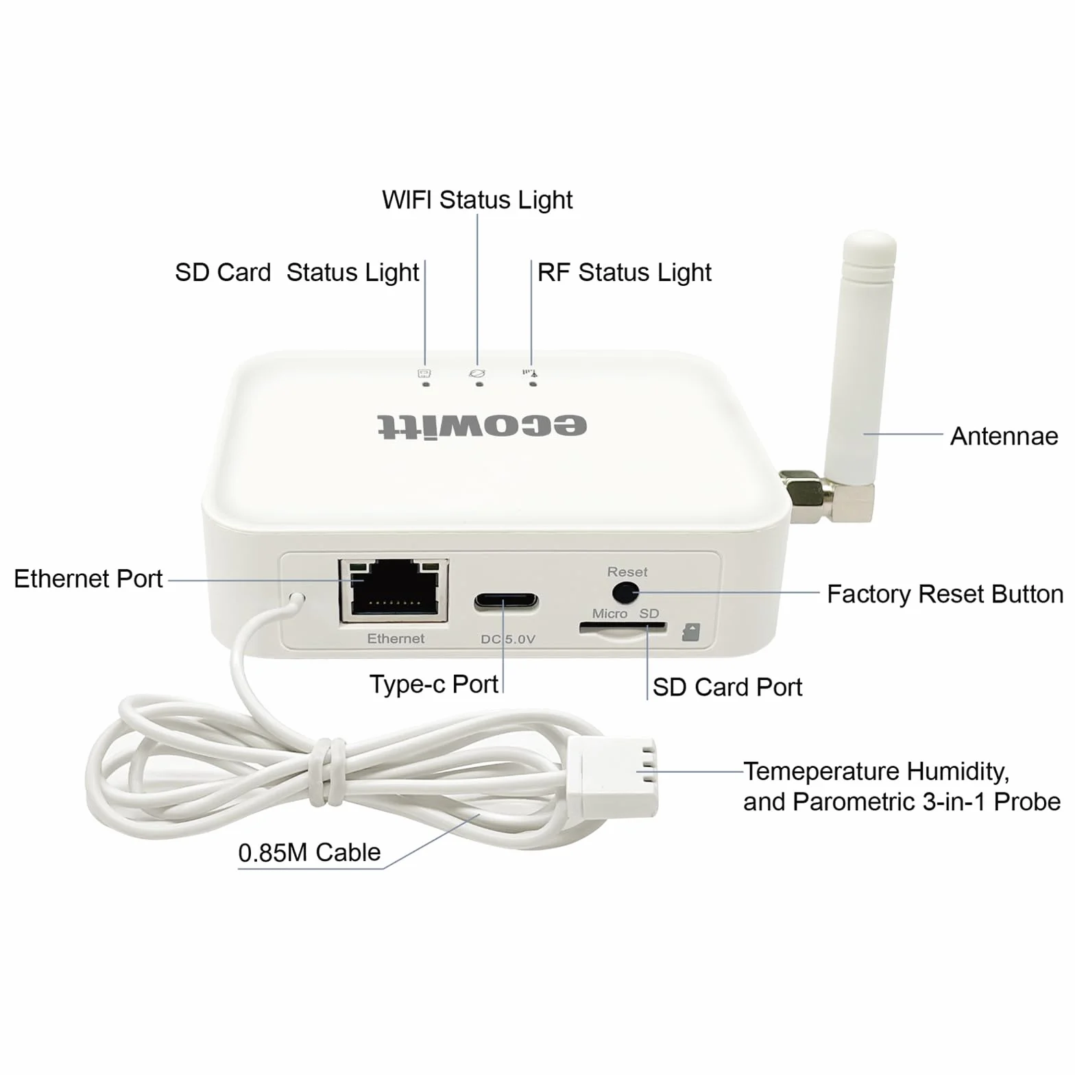 Ecowitt Bramka WIFI/Kablówka GW3000 dla stacji pogodowych z zewnętrznym czujnikiem, wbudowanym czujnikiem wewnętrznym 3w1: barometr/termometr/higrometr, domowy asystent pogodowy z łączem kart SD
