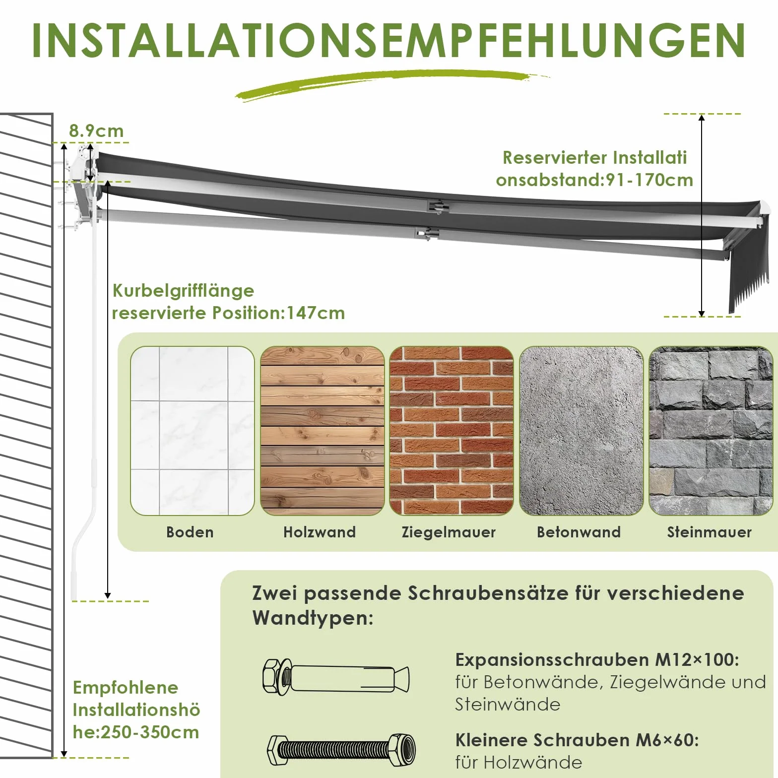 Markiza przegubowa 250x200 cm uchwyt ścienny korbka ręczna wodoodporna aluminium poliester taras balkon