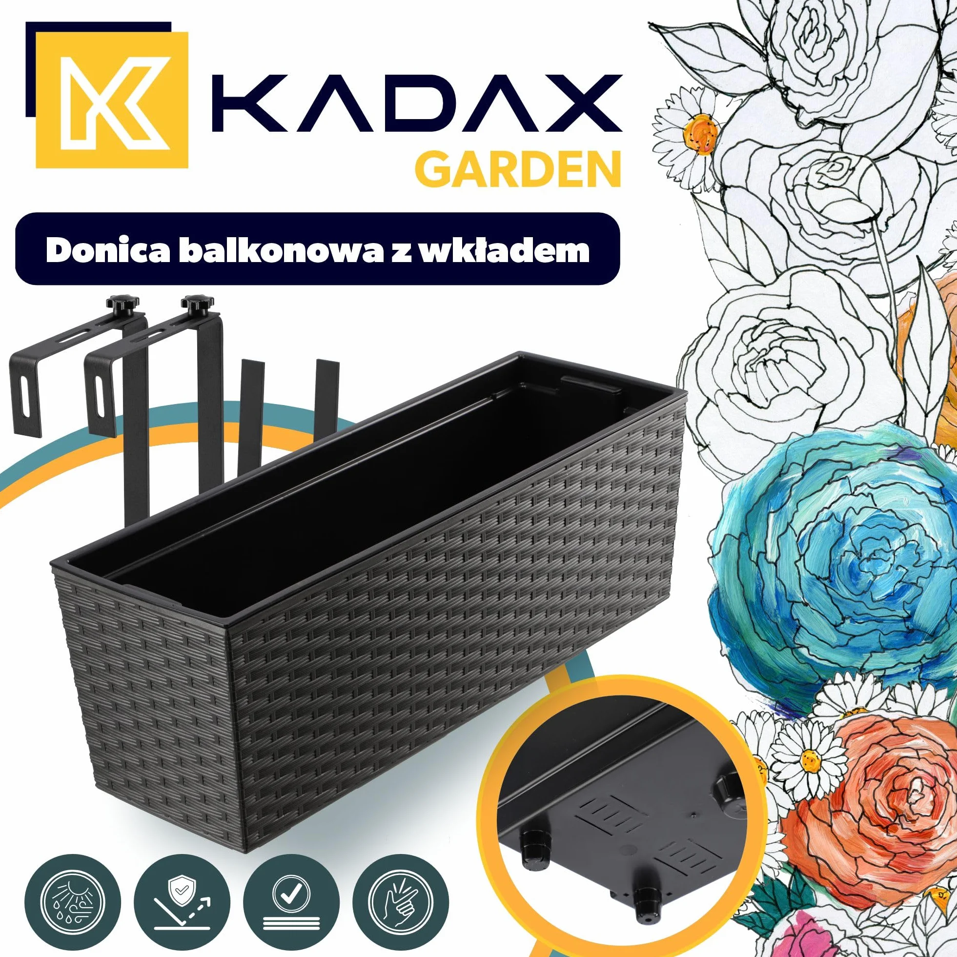 KADAX Skrzynka balkonowa 18.5x56cm Grafit, z uchwytami do balustrady, wyjmowany wkład ułatwiający pielęgnację, odporna na warunki pogodowe na balkon i taras