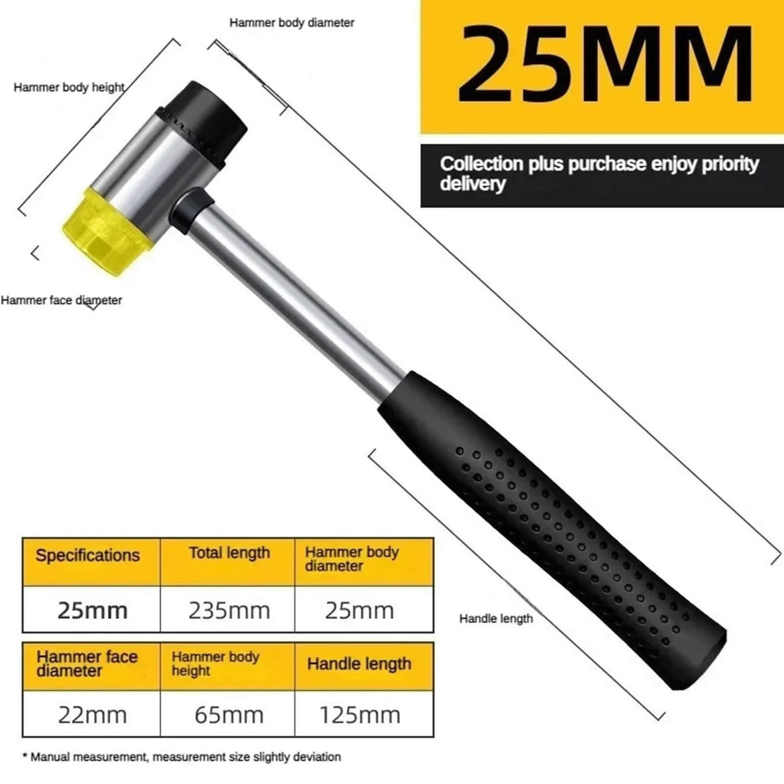 młotek gumowy, 25mm Dwustronny miękki młotek gumowy do szyb wielofunkcyjny z nylonową główką
