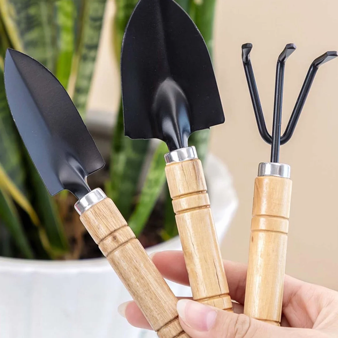 Łopata ogrodnicza 3 szt. Mini zestaw narzędzi ogrodniczych z drewnianym uchwytem do sadzenia roślin doniczkowych bonsai