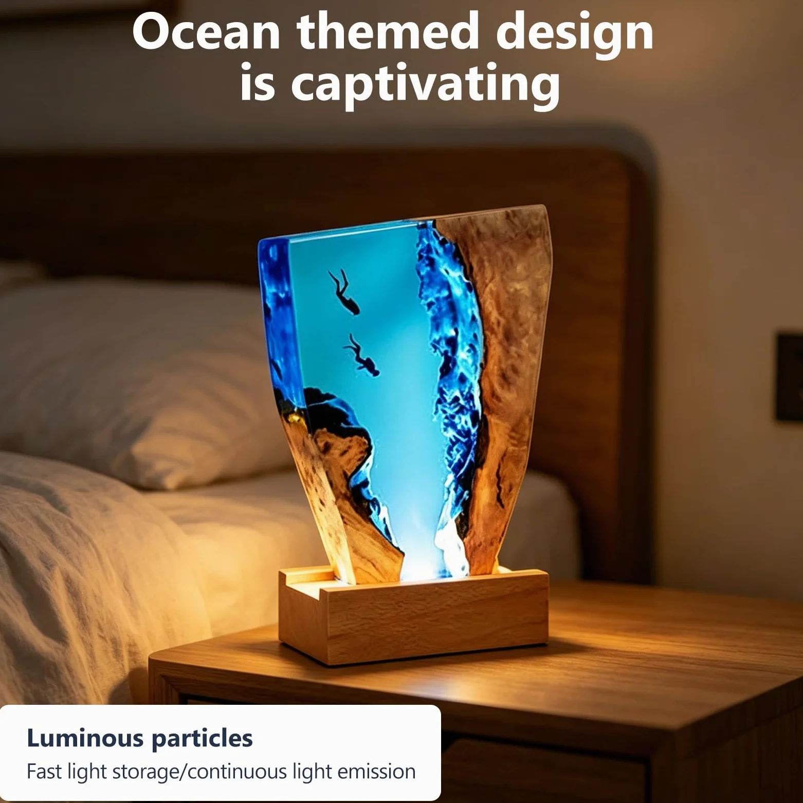 Lampka nocna, statuetka morska, dekoracja, lampa 3D, żywica epoksydowa, ocean, lampka nocna z kablem USB i drewnianą podstawą, do domu, biura, dekoracja na Boże Narodzenie, 18 x 11