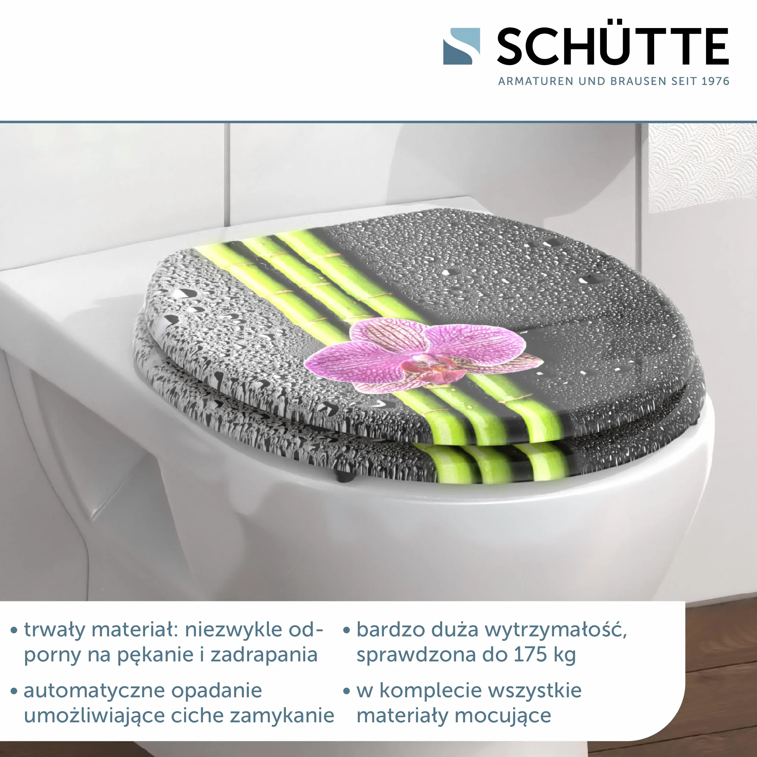 SCHÜTTE deska sedesowa drewniana ASIA, deska sedesowa z mechanizmem cichego domykania, pasuje do wielu standardowych misek WC, maks. obciążenie deski 150 kg, motyw orchidei 80121
